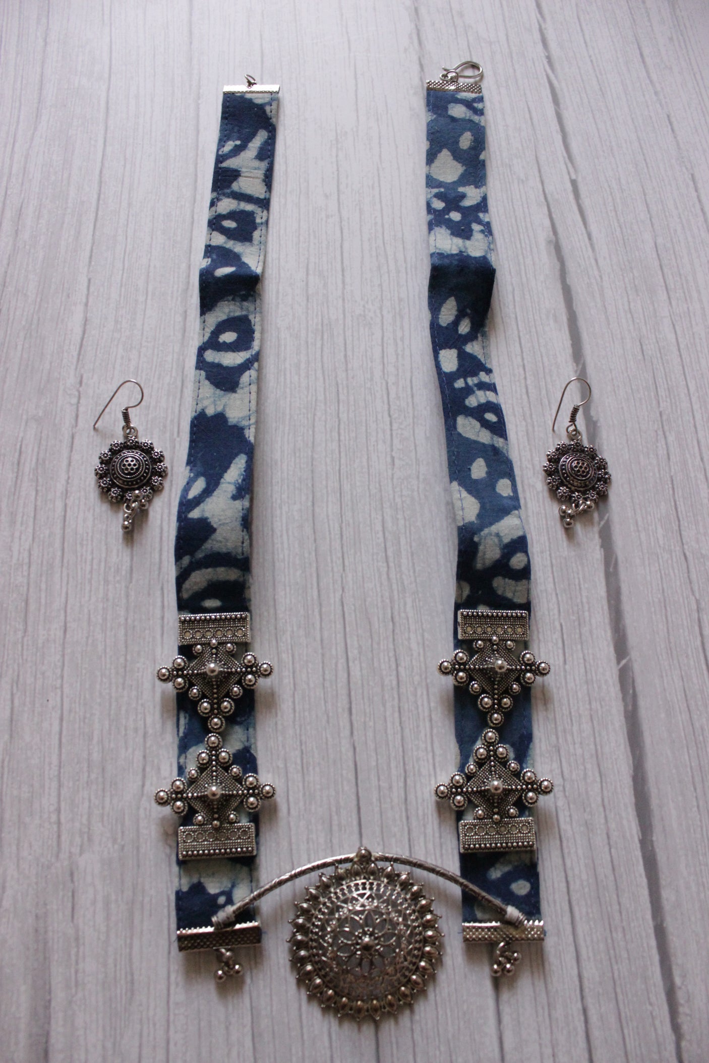 Kantha Work Indigo Fabric Necklace Set with Metal Pendant
