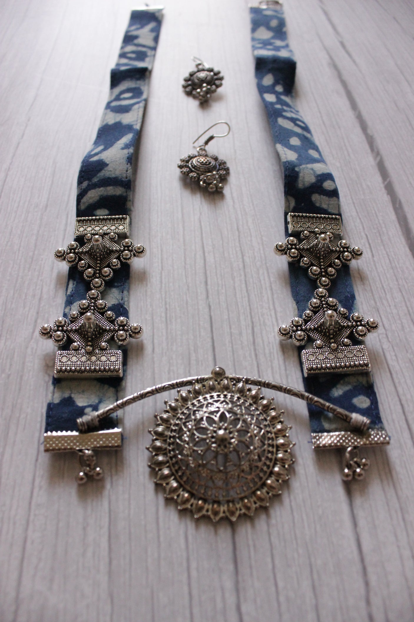 Kantha Work Indigo Fabric Necklace Set with Metal Pendant