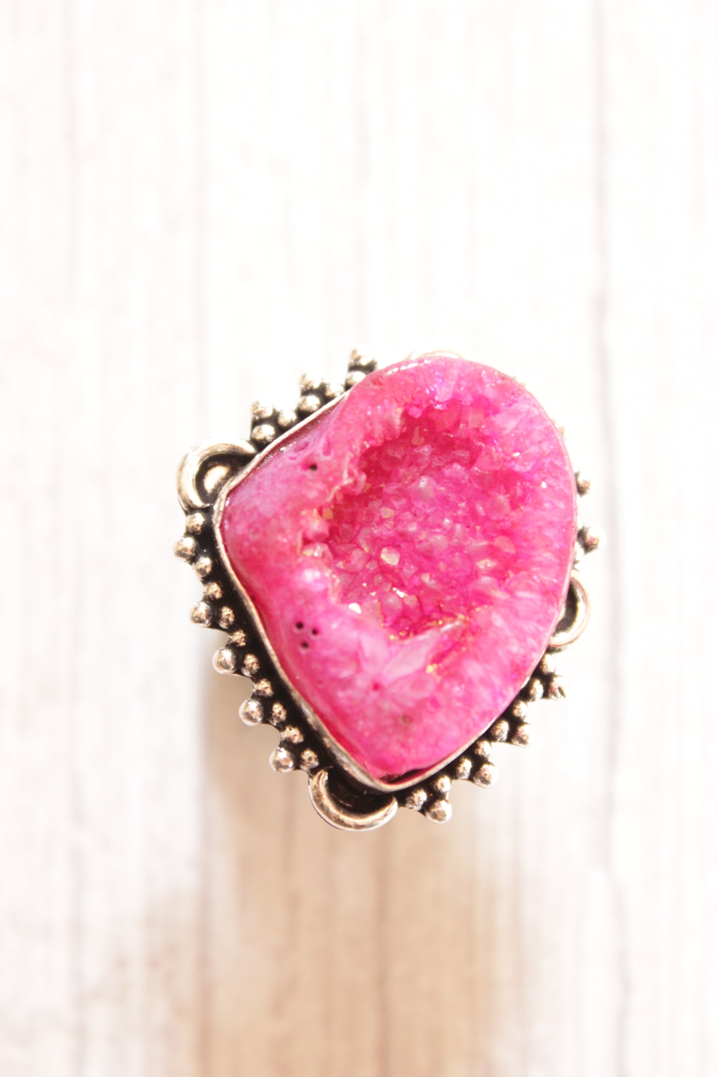 Pink Sugar Druzy Stone Embedded Oxidised Silver Finish Metal Ring