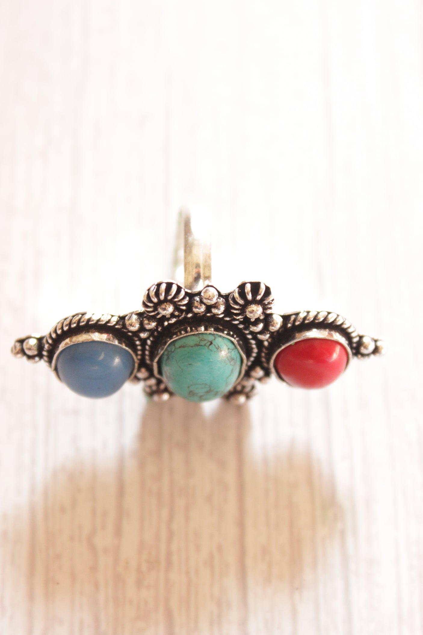3 Multi-Color Natural Gemstones Embedded Oxidised Finish Silver Ring