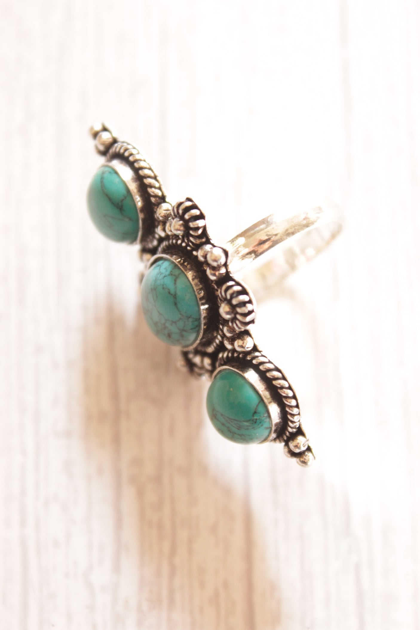 3 Turquoise Natural Gemstones Embedded Oxidised Finish Silver Ring
