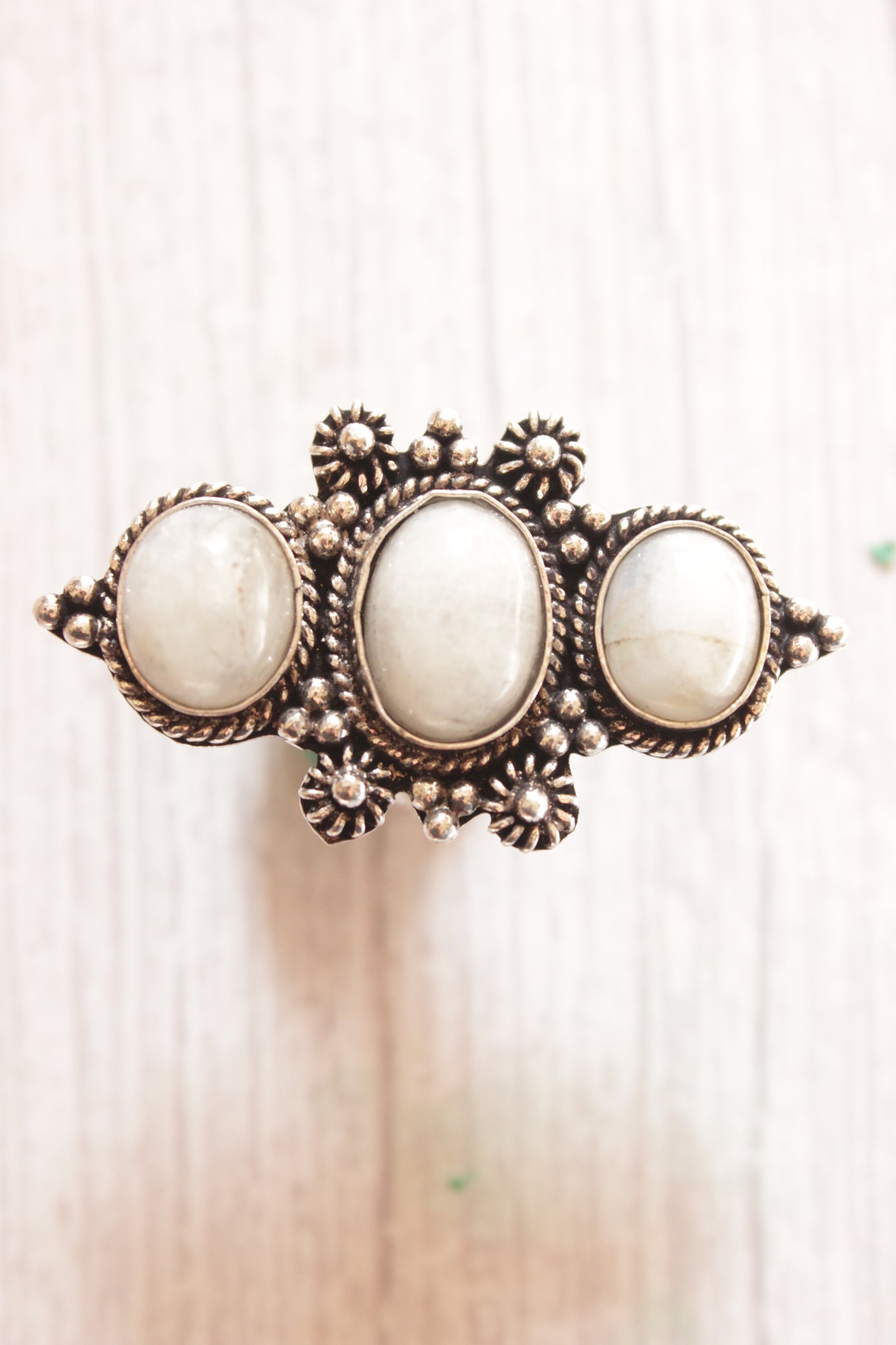 3 Ivory Natural Gemstones Embedded Oxidised Finish Silver Ring