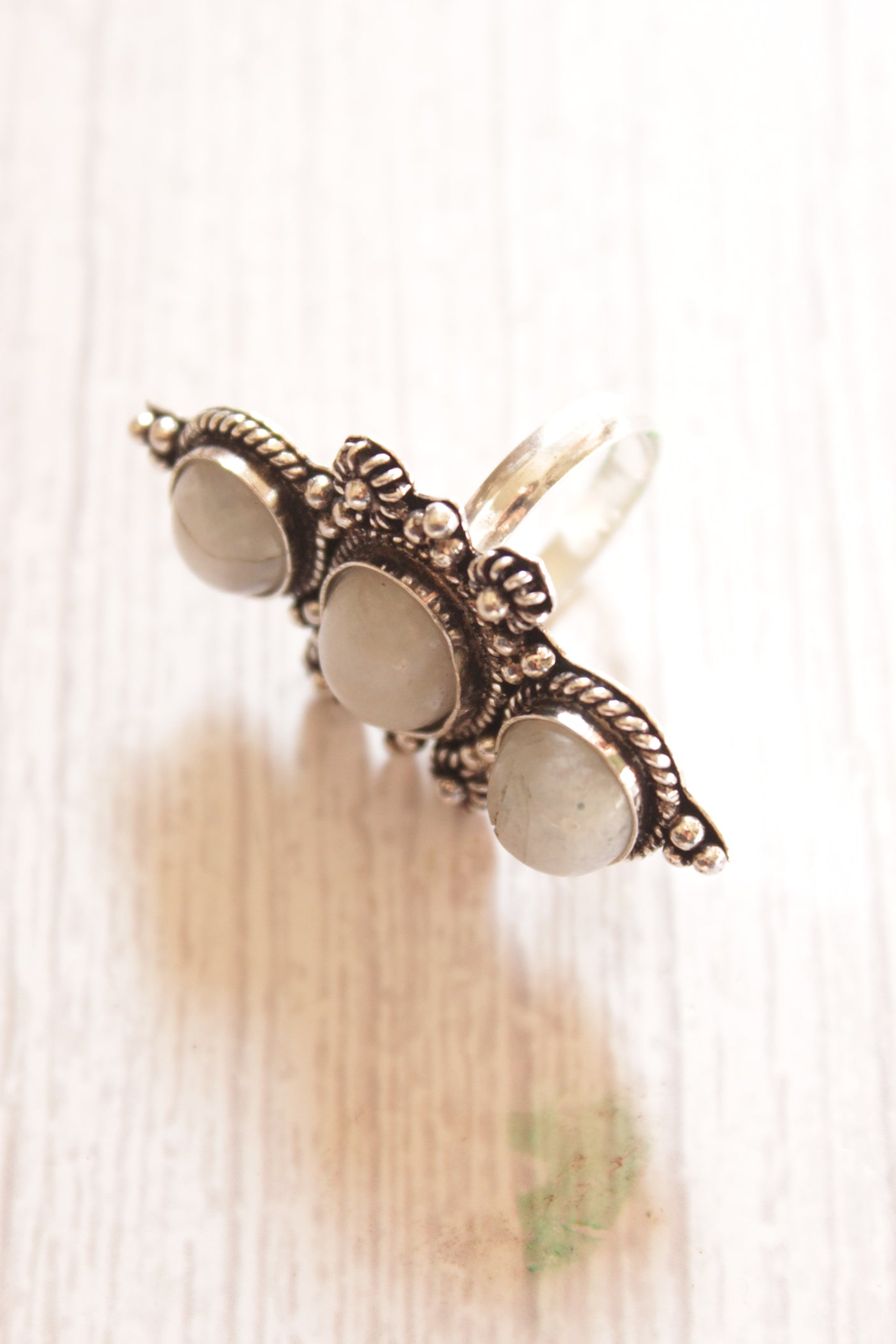 3 Ivory Natural Gemstones Embedded Oxidised Finish Silver Ring