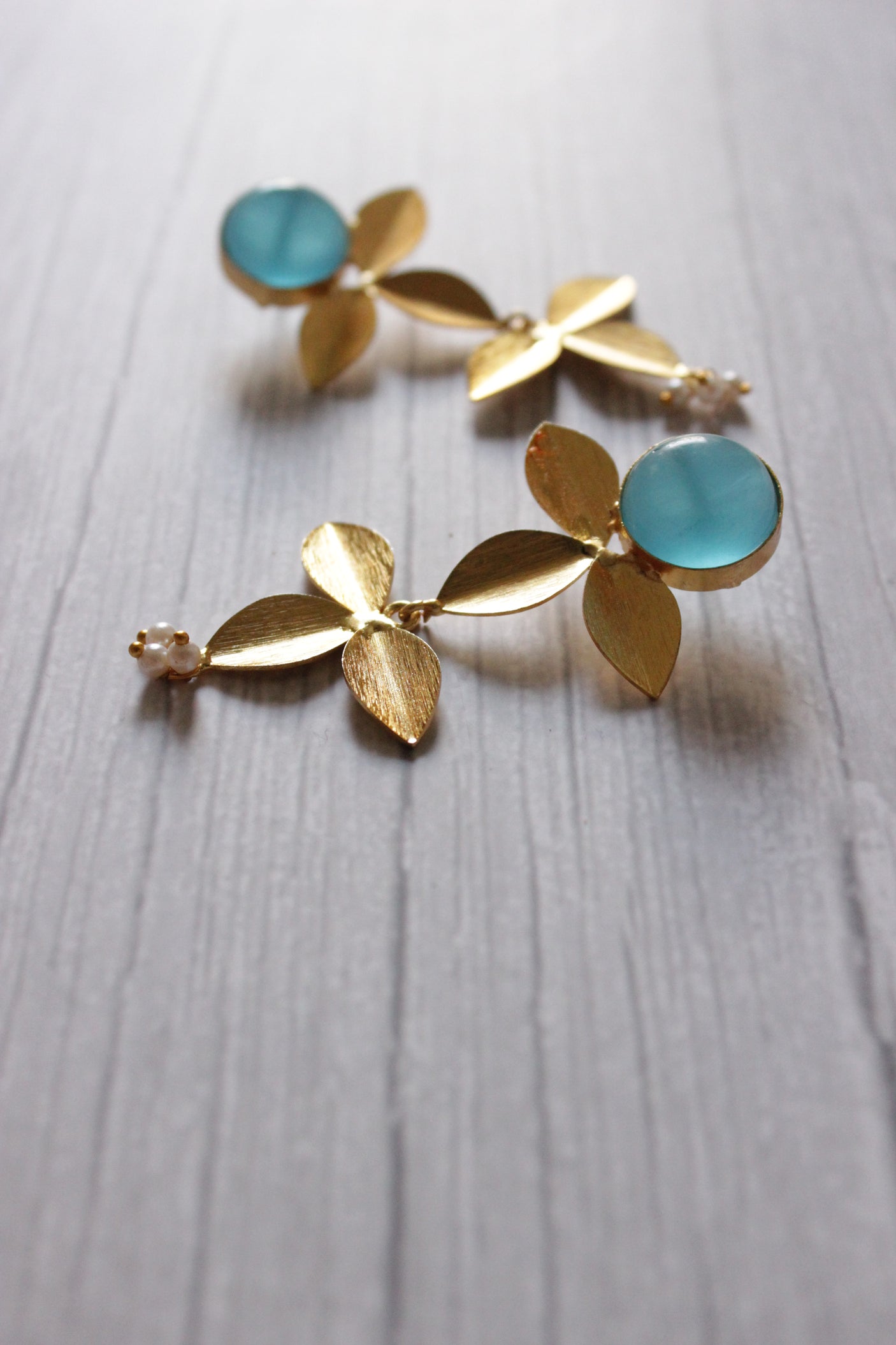 Natural Blue Stone Embedded 2 Layer Flower Shaped Brass Earrings
