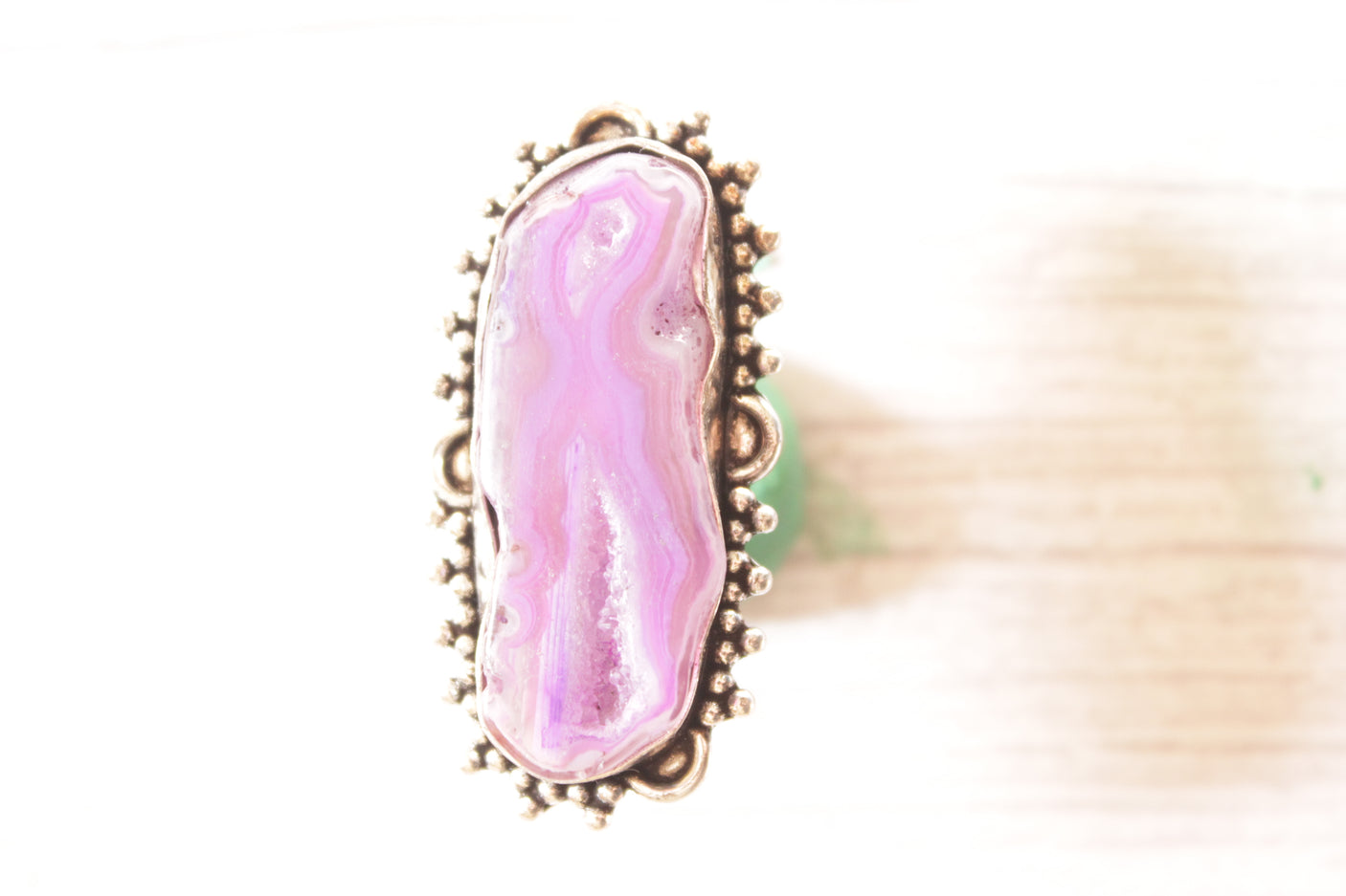 Violet Natural Stone Embedded Oxidised Silver Finish Metal Ring