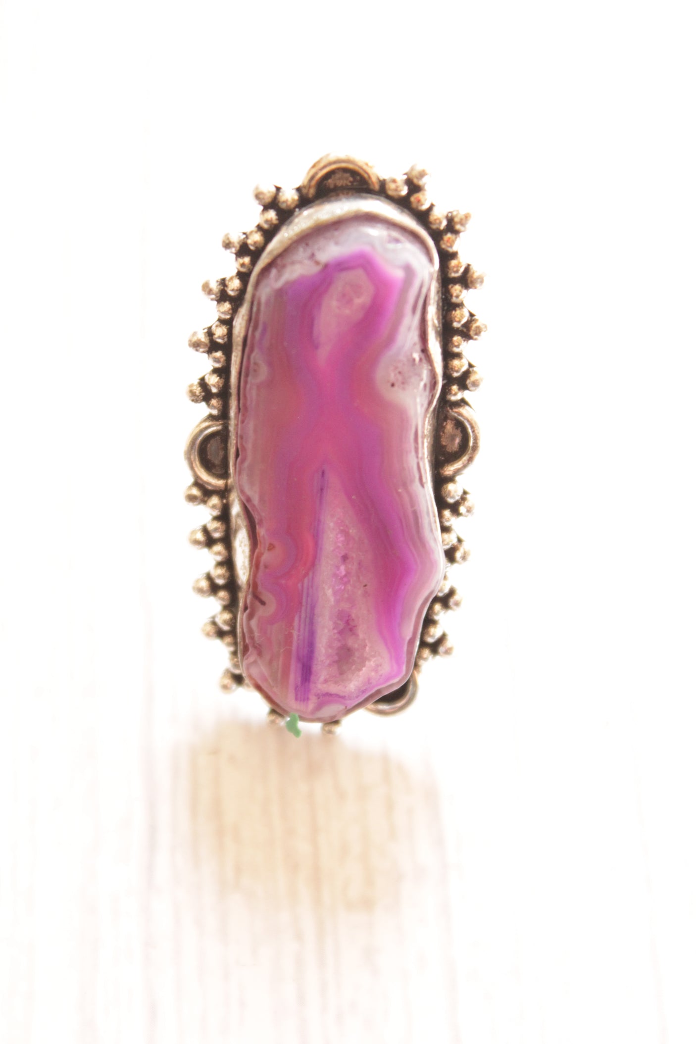 Violet Natural Stone Embedded Oxidised Silver Finish Metal Ring