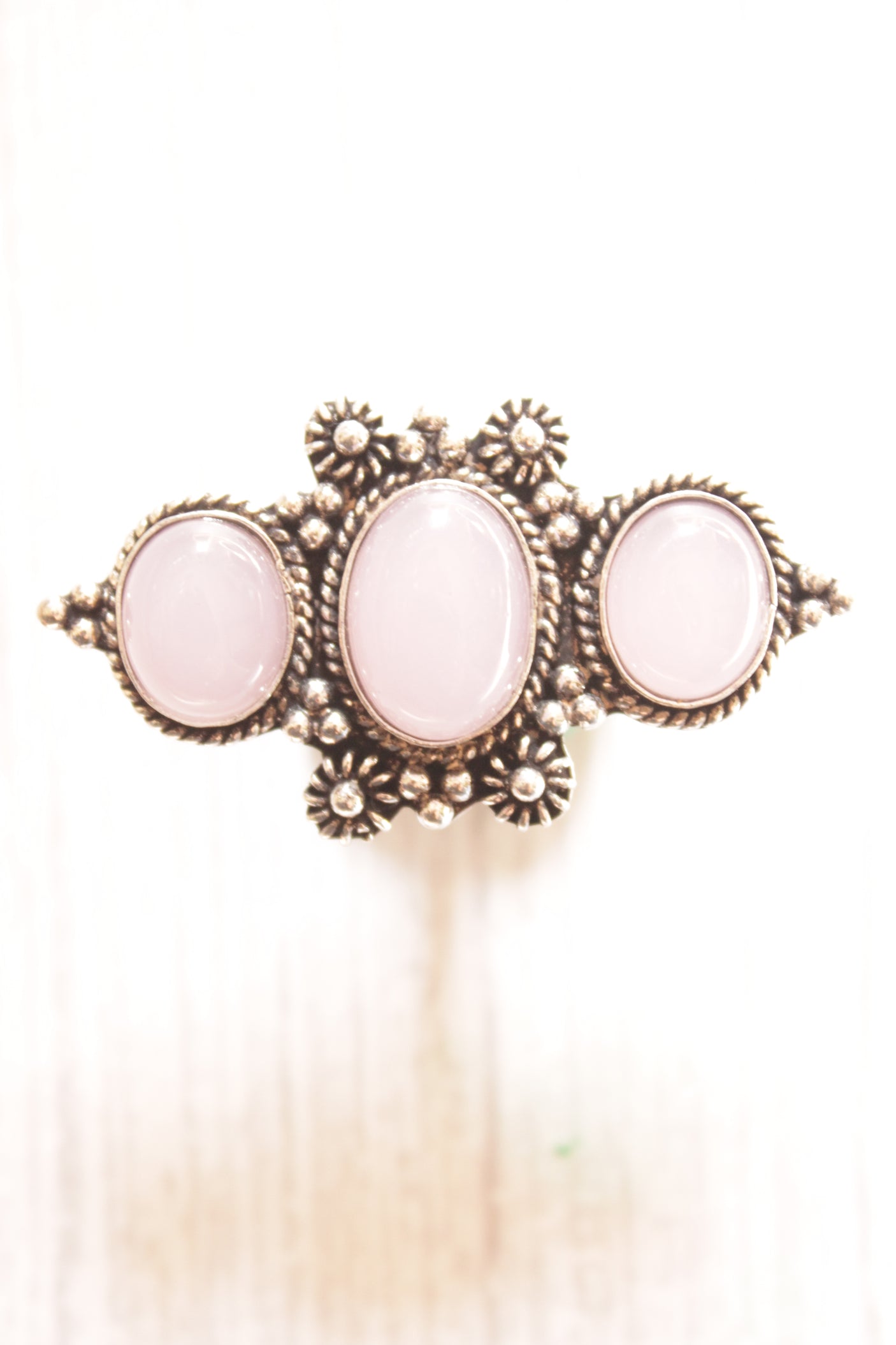 3 Baby Pink Natural Gemstones Embedded Oxidised Finish Silver Ring