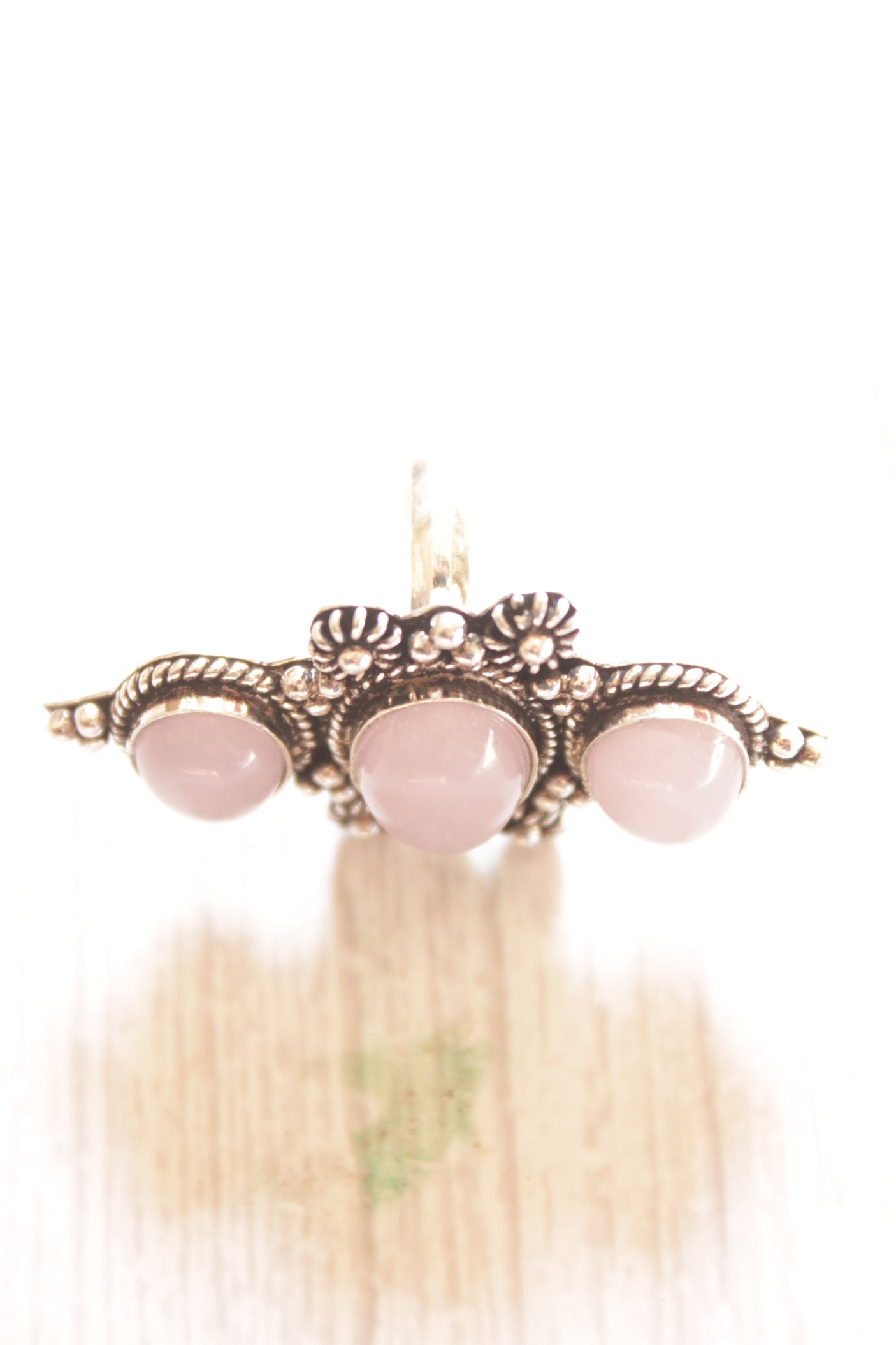 3 Baby Pink Natural Gemstones Embedded Oxidised Finish Silver Ring