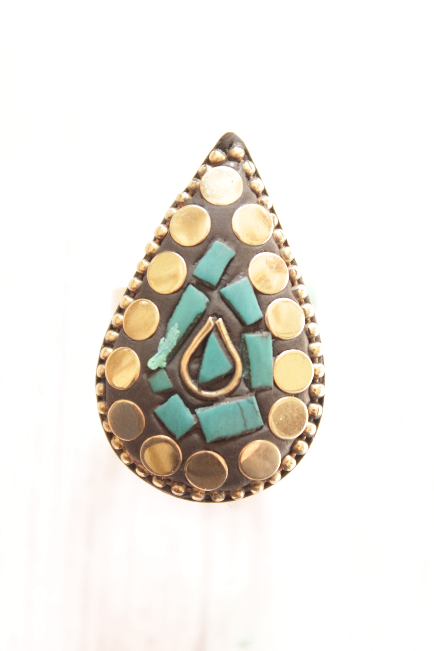 Tear Drop Shaped Statement Tibetan Adjustable Ring with Gold Accents