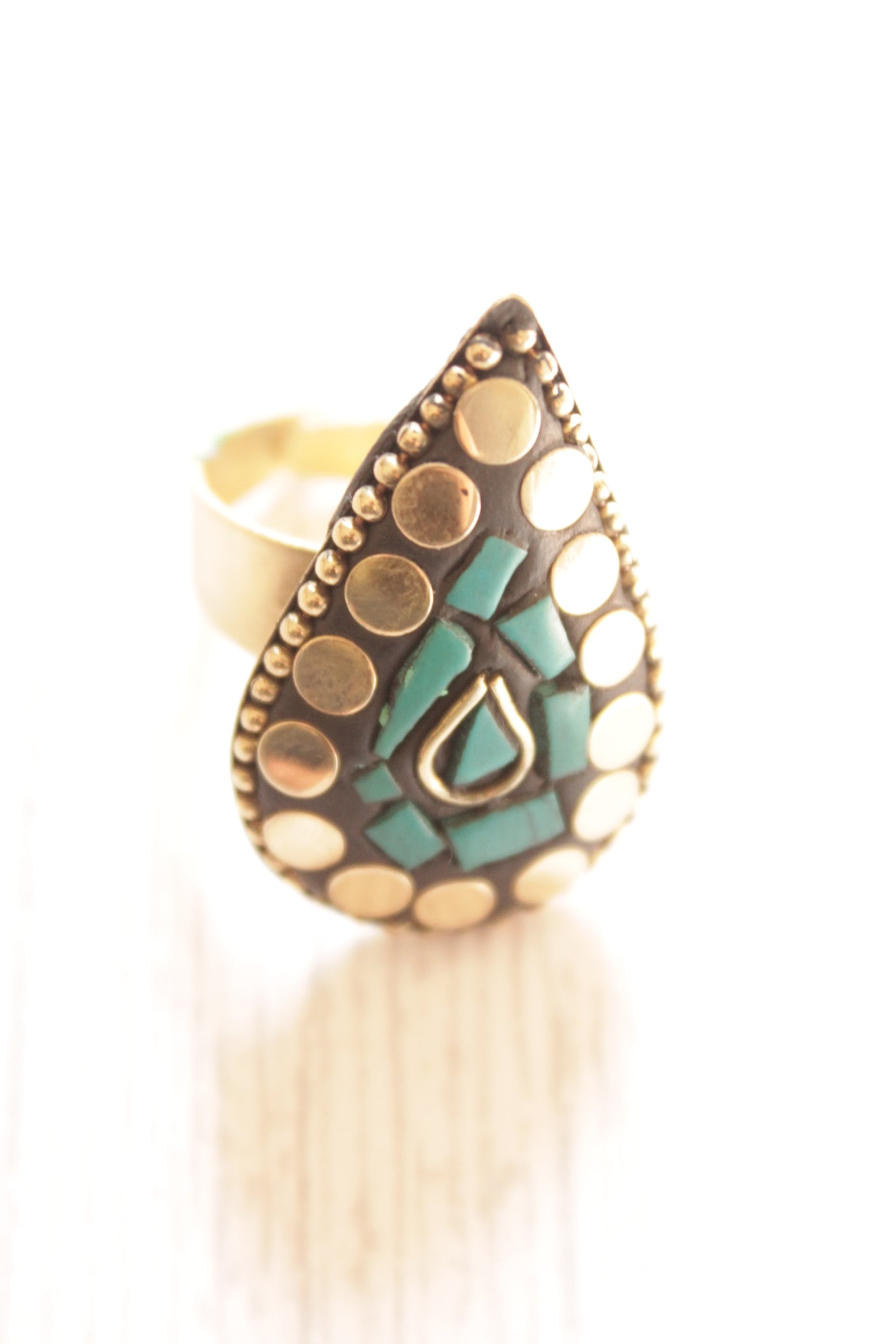 Tear Drop Shaped Statement Tibetan Adjustable Ring with Gold Accents