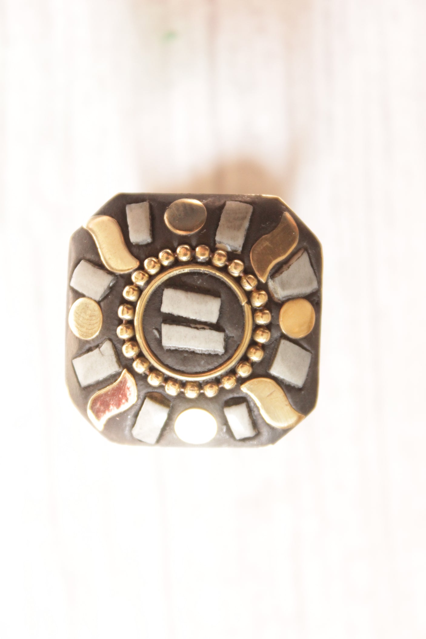 Square Statement Tibetan Adjustable Ring with Gold Accents