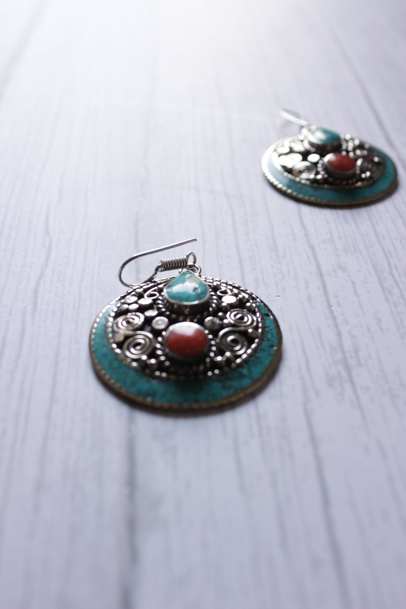 Vintage Red Coral Turquoise Nepali Tibetan Earrings