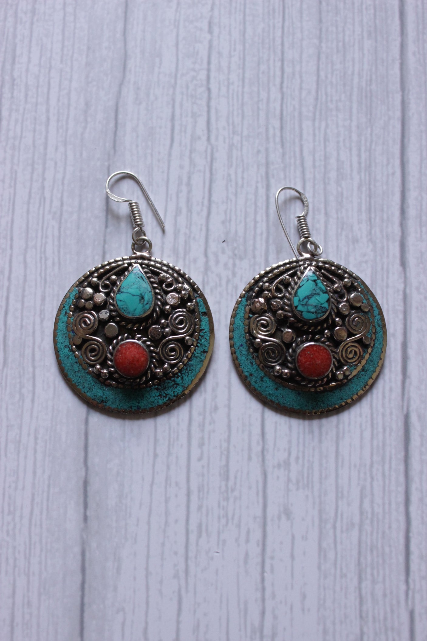 Vintage Red Coral Turquoise Nepali Tibetan Earrings