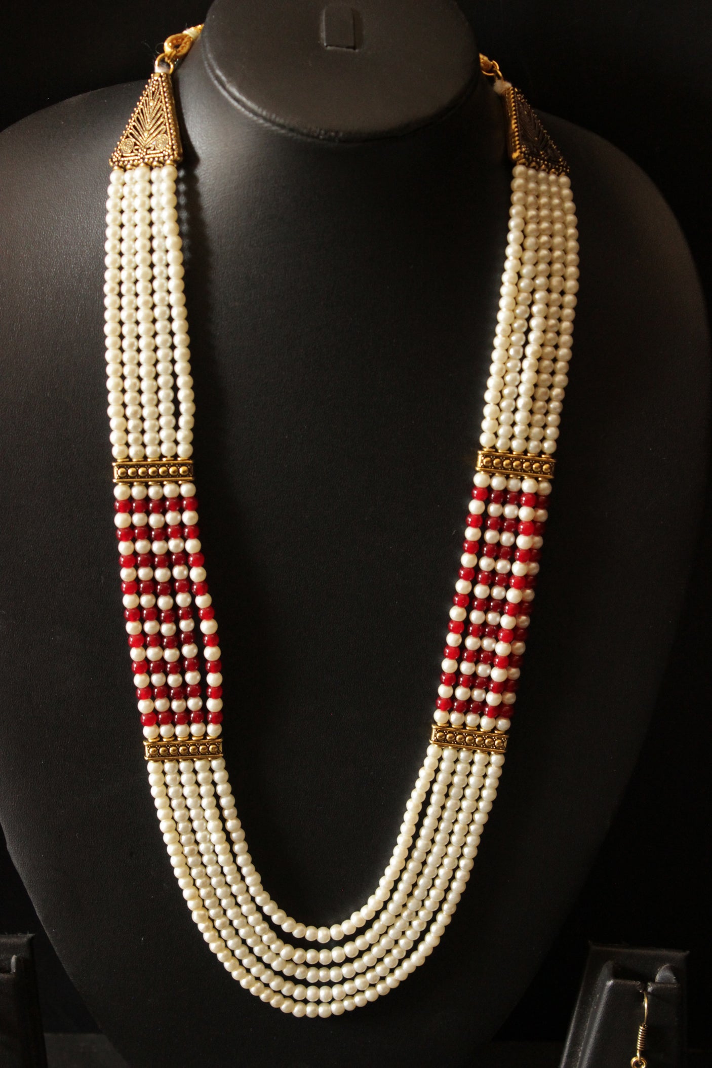 5 Layered White and Red Beads Necklace Set with Gold Finish Metal Accents