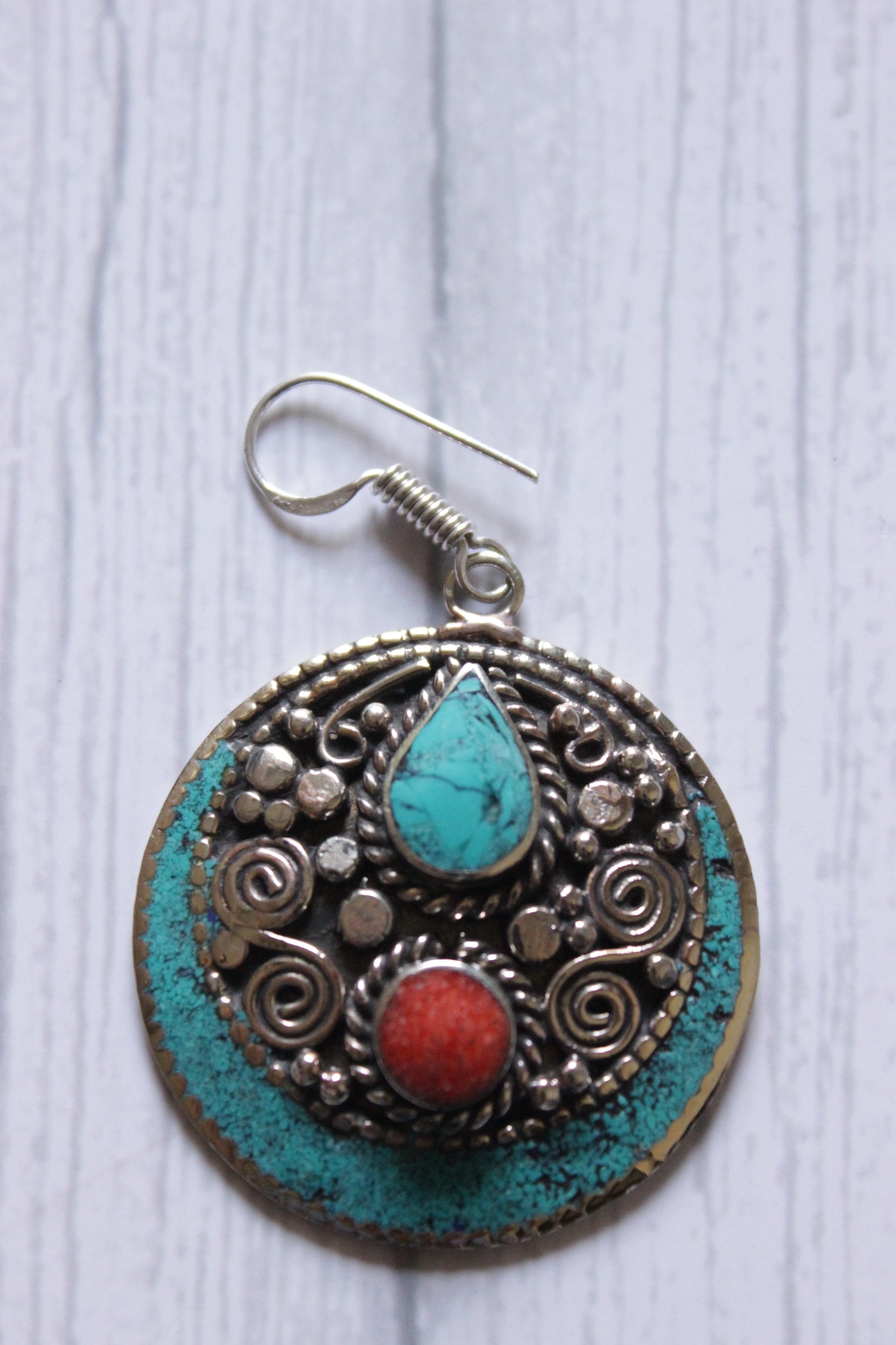 Vintage Red Coral Turquoise Nepali Tibetan Earrings