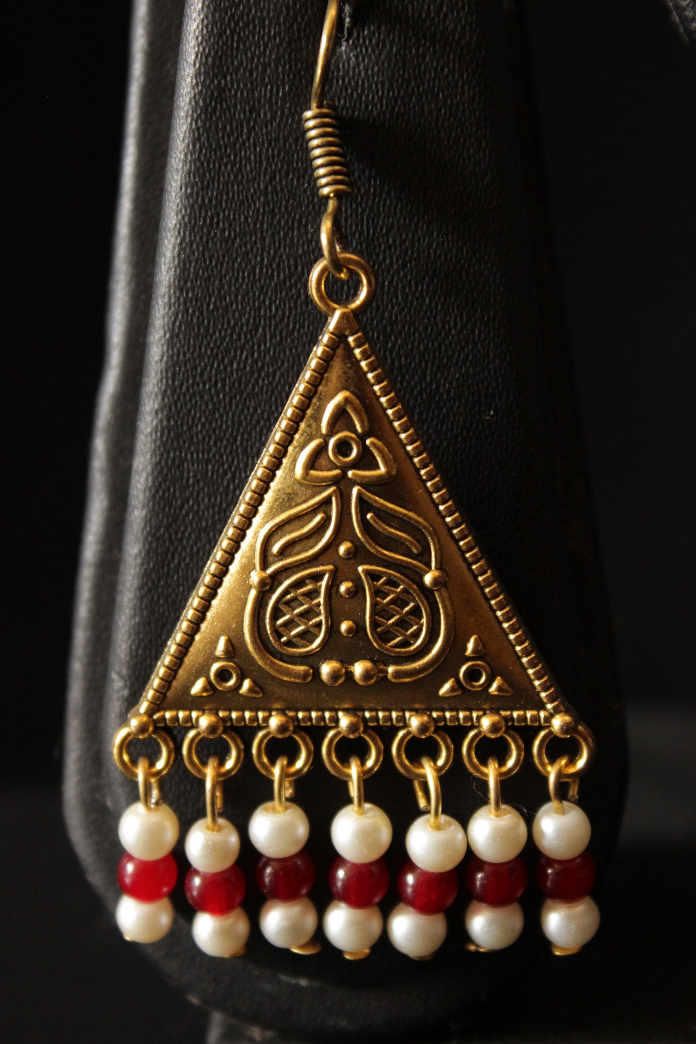 5 Layered White and Red Beads Necklace Set with Gold Finish Metal Accents