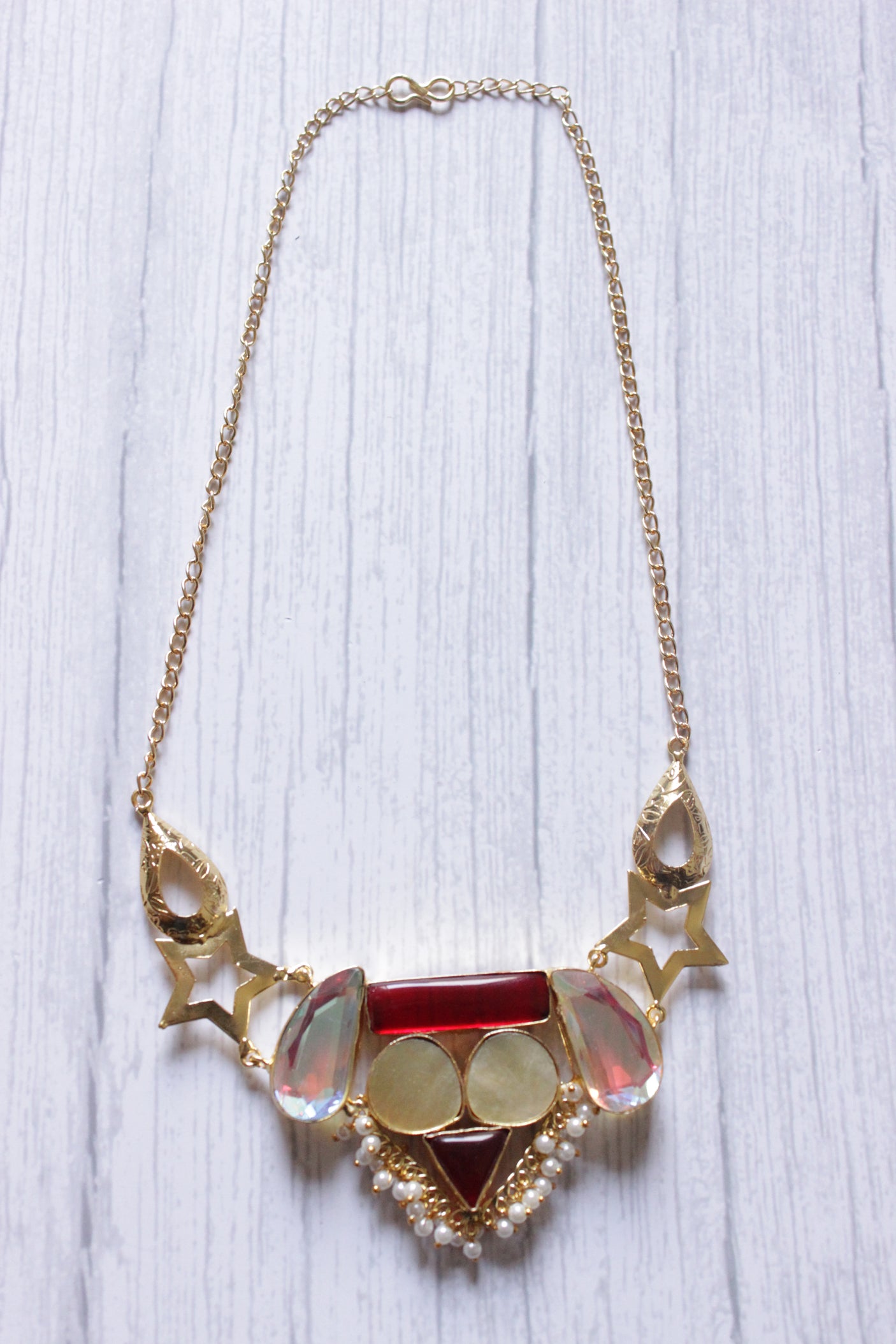 Multi-Color Gemstones Embedded Gold Plated Necklace