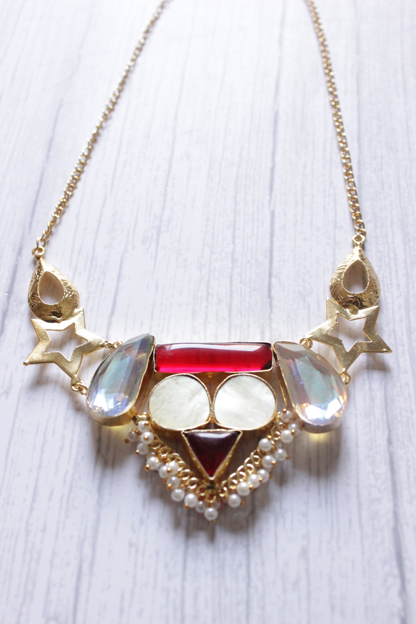 Multi-Color Gemstones Embedded Gold Plated Necklace