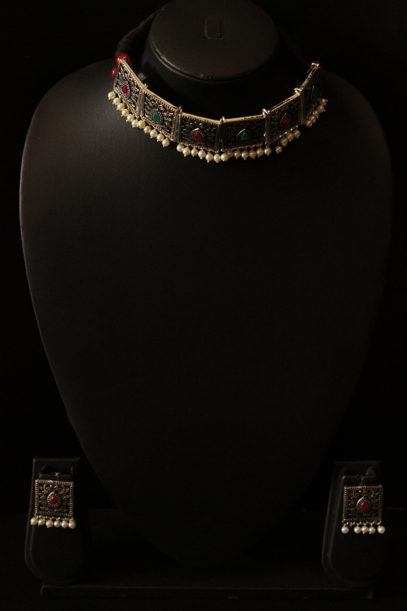 Pink and Turquoise Stones Embedded Oxidised Finish Choker Necklace Set with Adjustable Length Closure