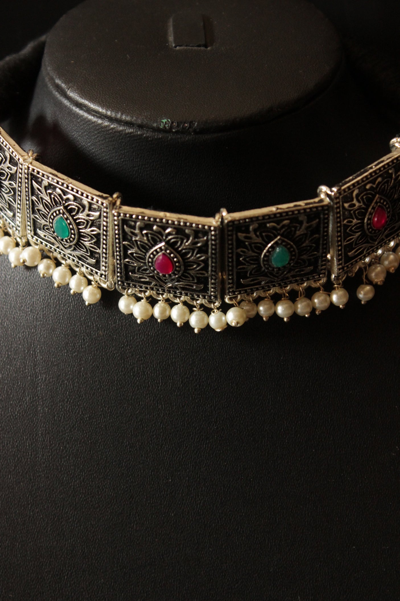 Pink and Turquoise Stones Embedded Oxidised Finish Choker Necklace Set with Adjustable Length Closure