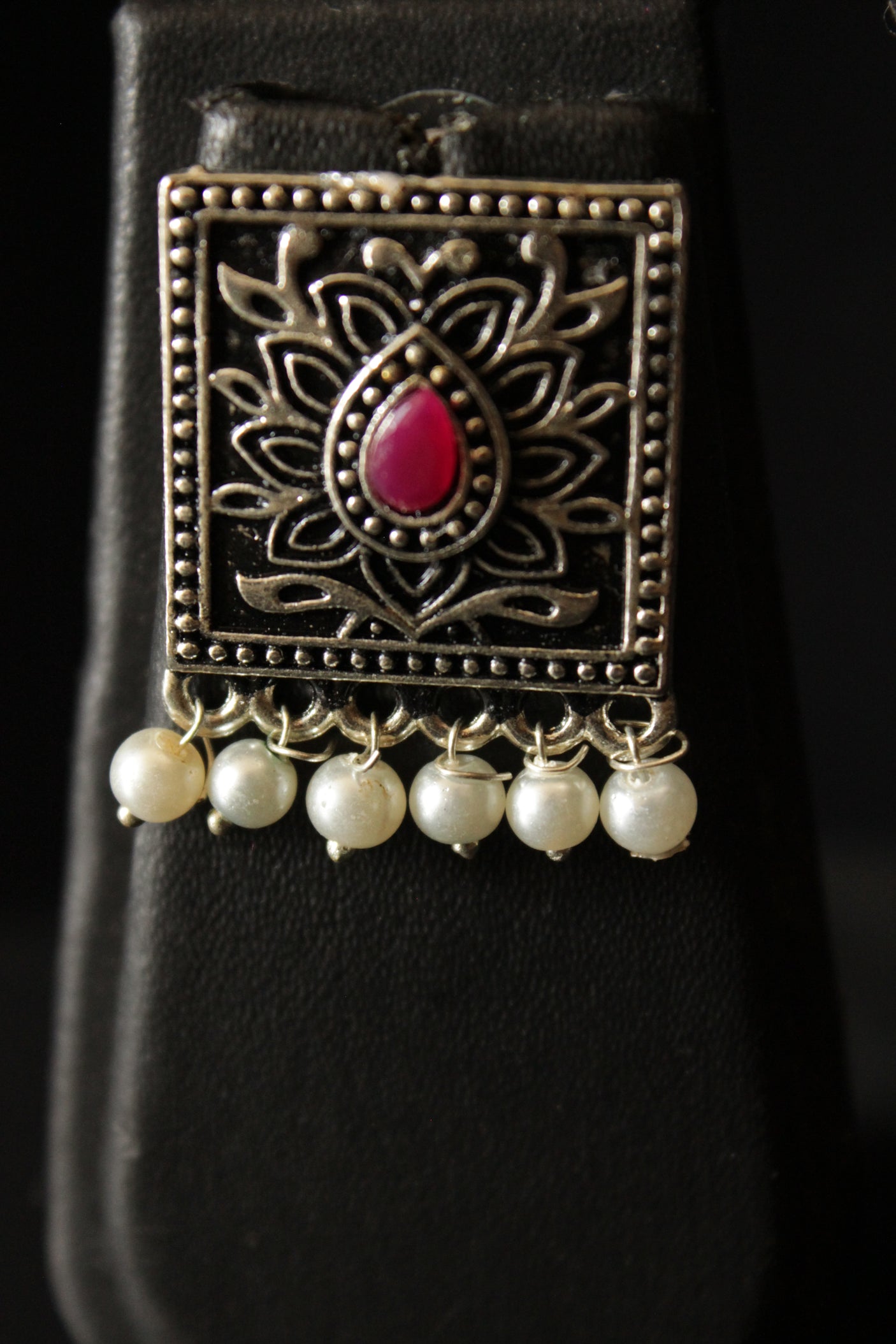 Pink and Turquoise Stones Embedded Oxidised Finish Choker Necklace Set with Adjustable Length Closure