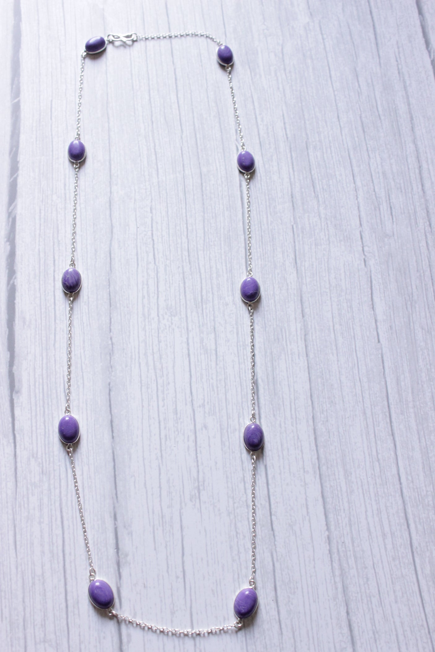 Charoite Gemstone Bezel Set Fashion Layering Chain Necklace