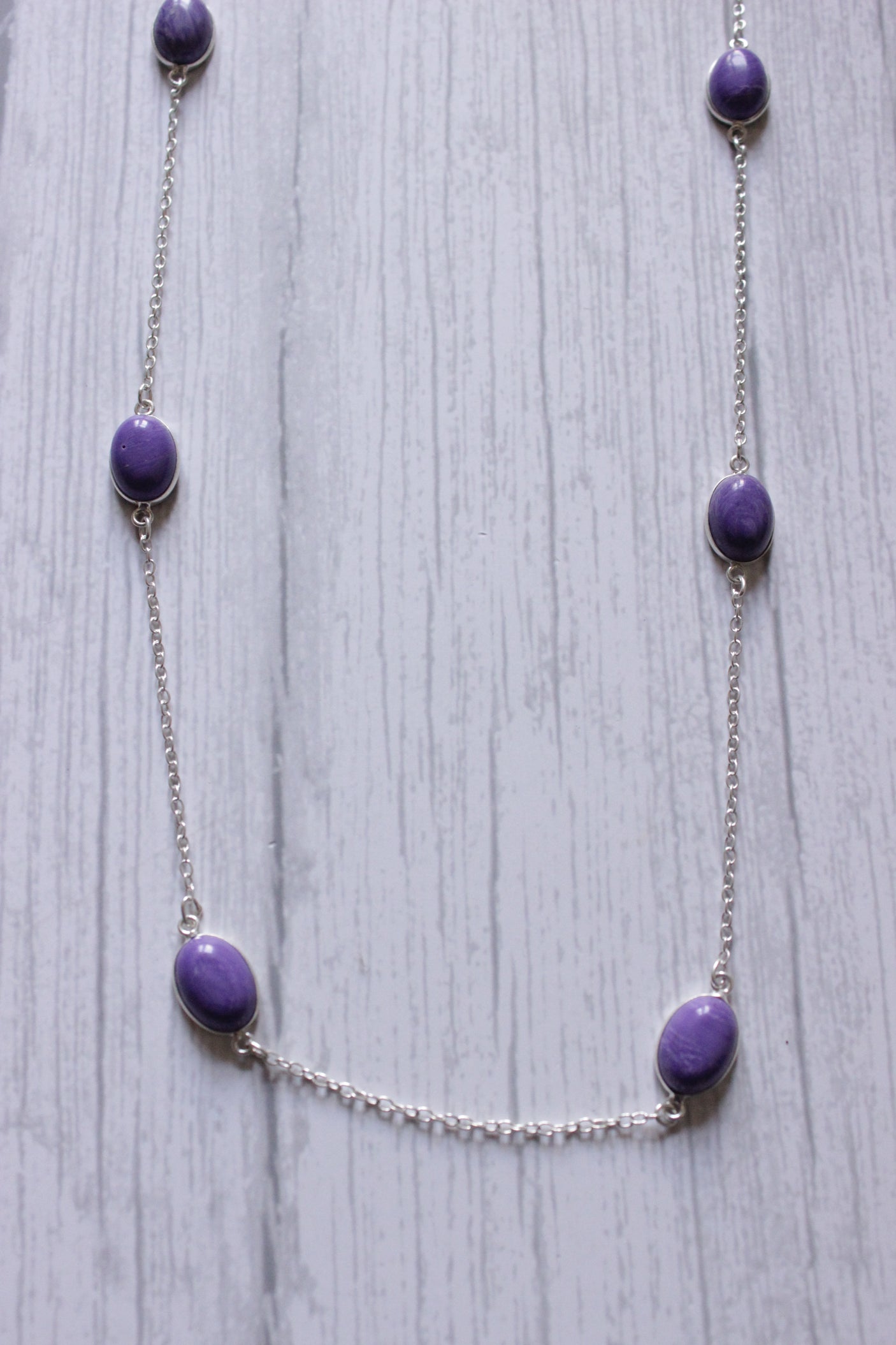 Charoite Gemstone Bezel Set Fashion Layering Chain Necklace