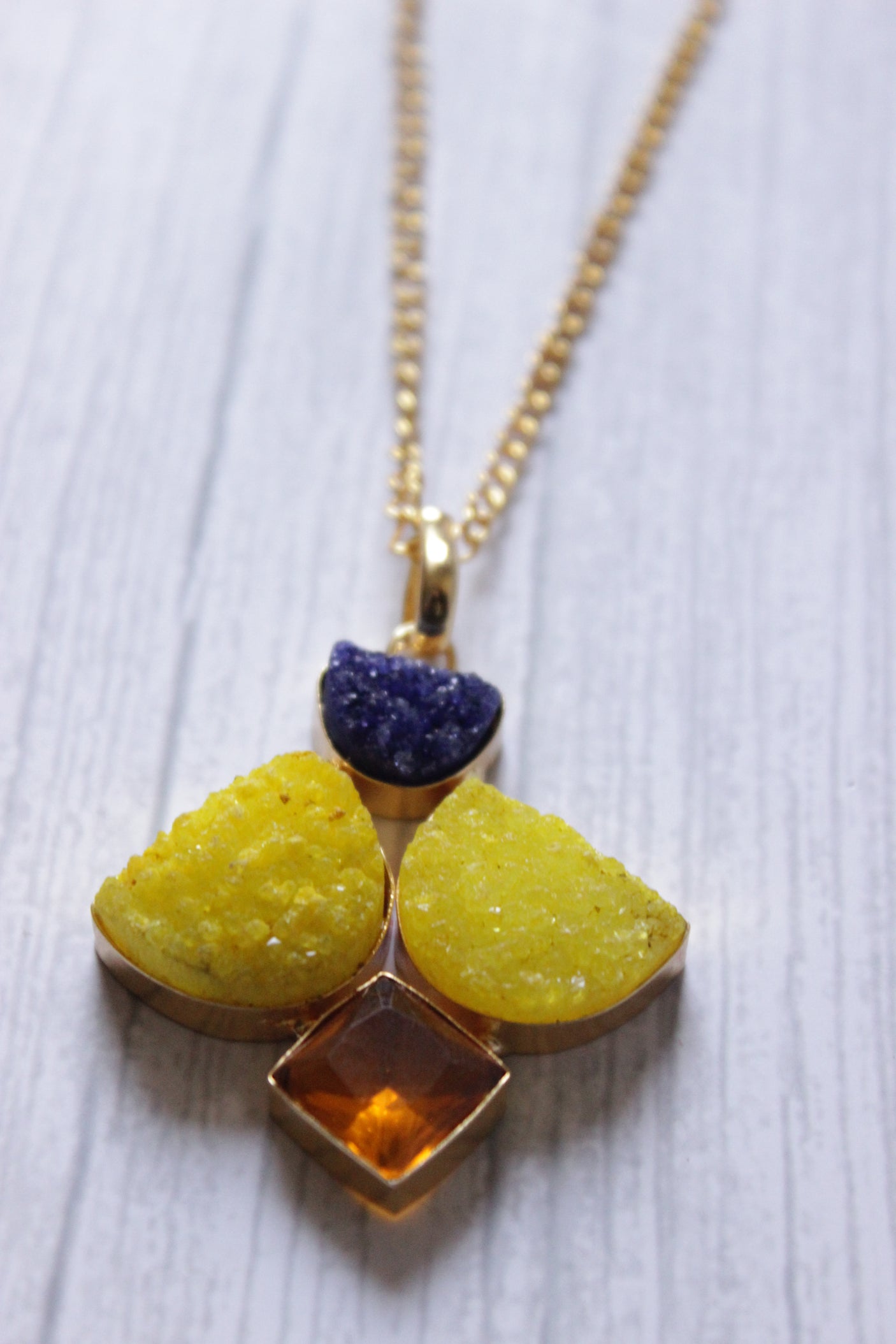 Bright Yellow and Blue Sugar Druzy Gemstone Gold Plated Necklace