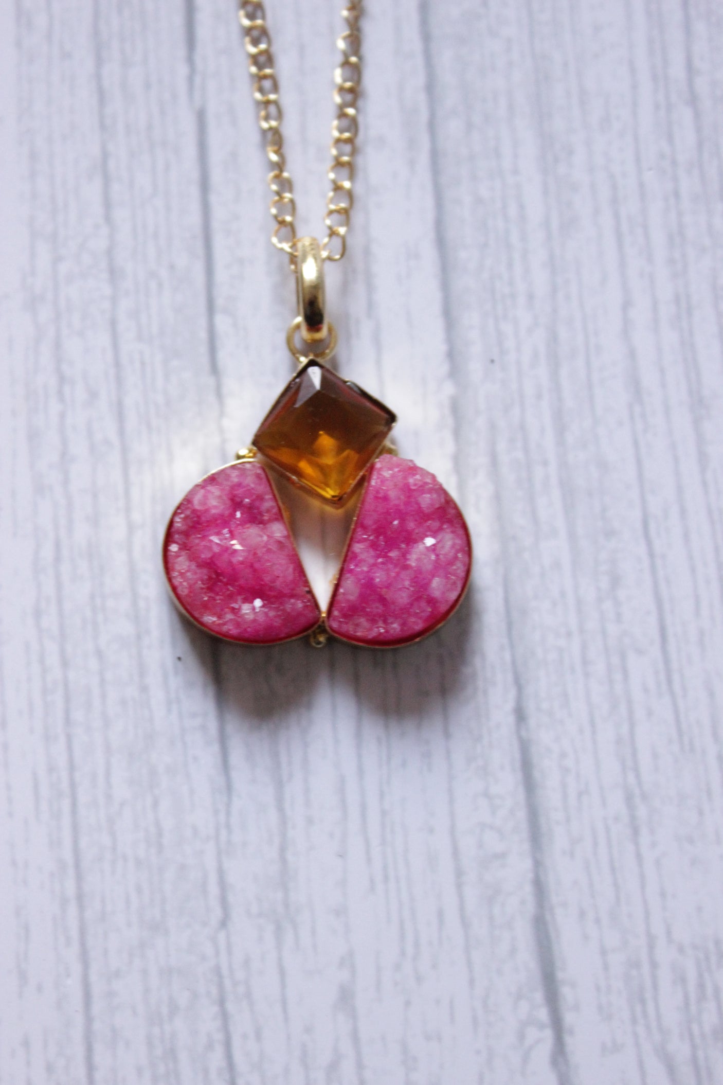 Pink Sugar Druzy Gemstone Handmade Gold Plated Pinwheel Necklace