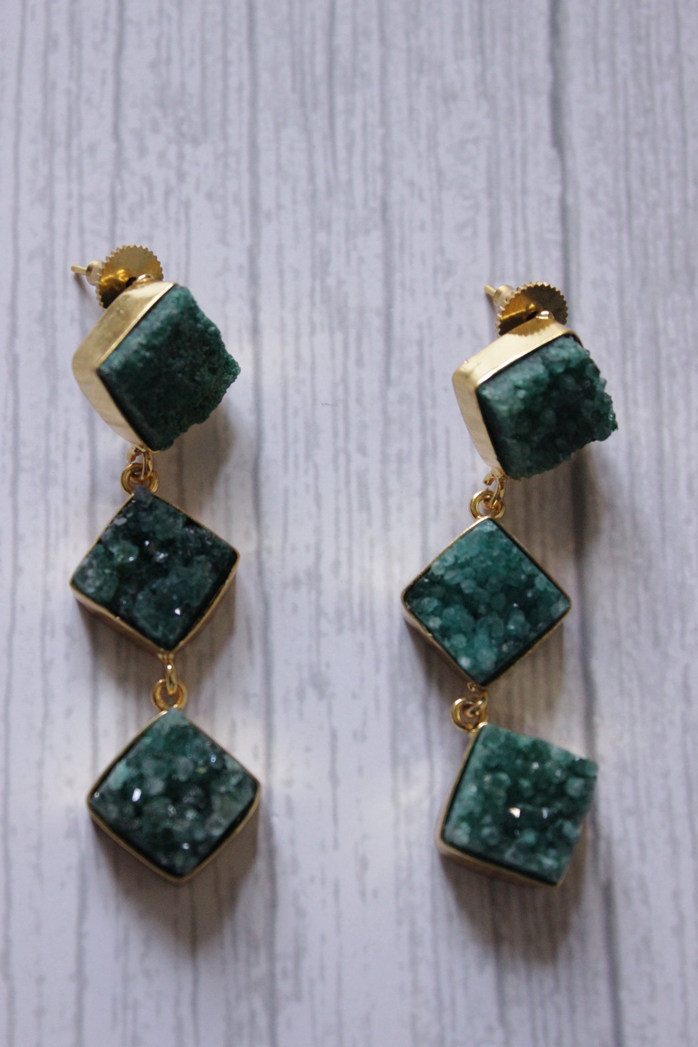 Green Sugar Druzy Gemstone Gold Plated 3-Layer Earrings