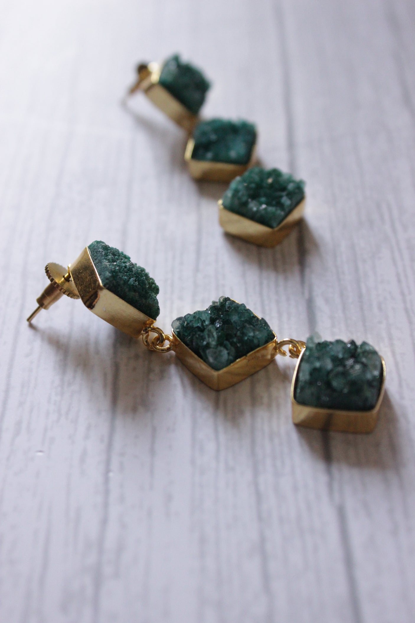 Green Sugar Druzy Gemstone Gold Plated 3-Layer Earrings