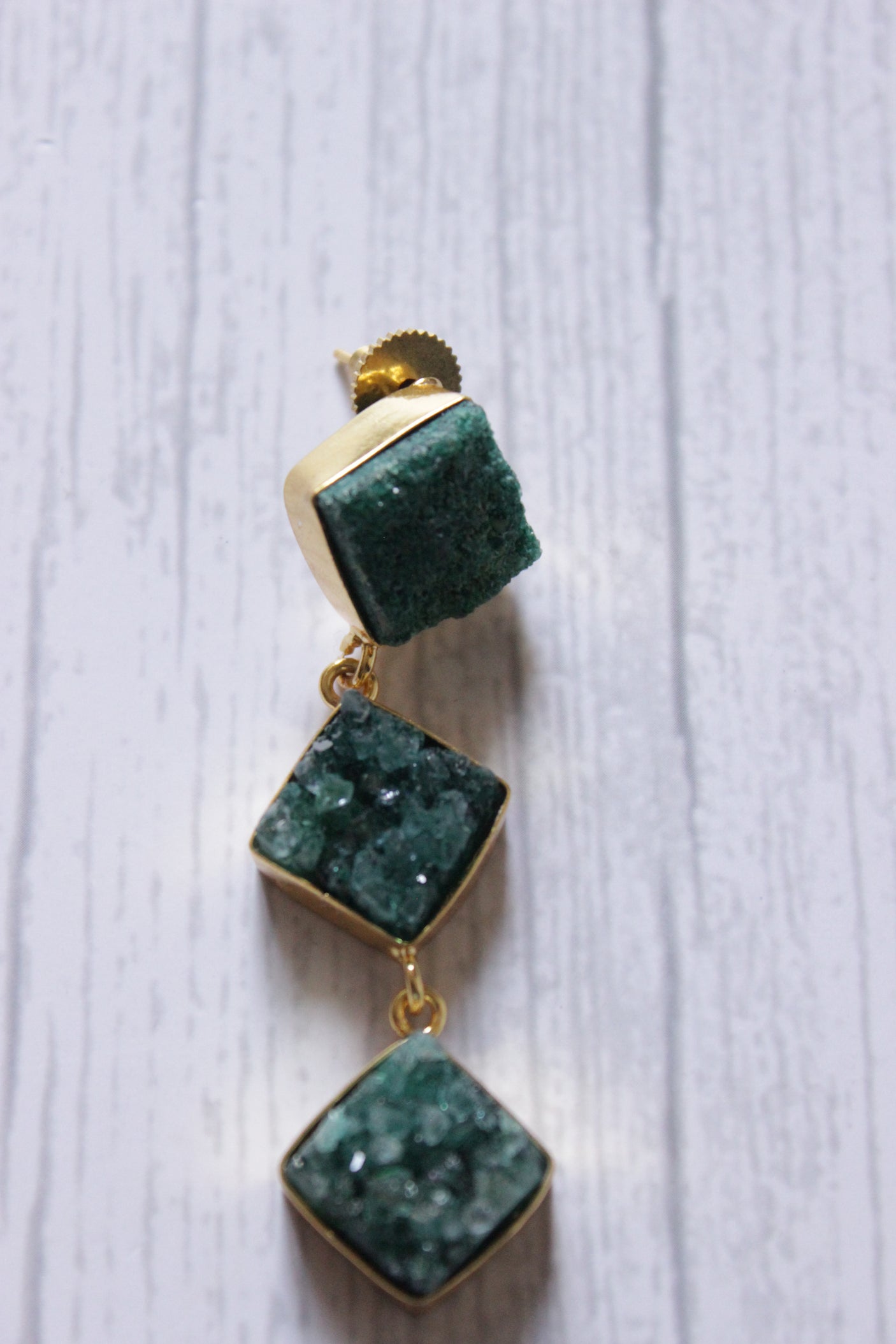 Green Sugar Druzy Gemstone Gold Plated 3-Layer Earrings