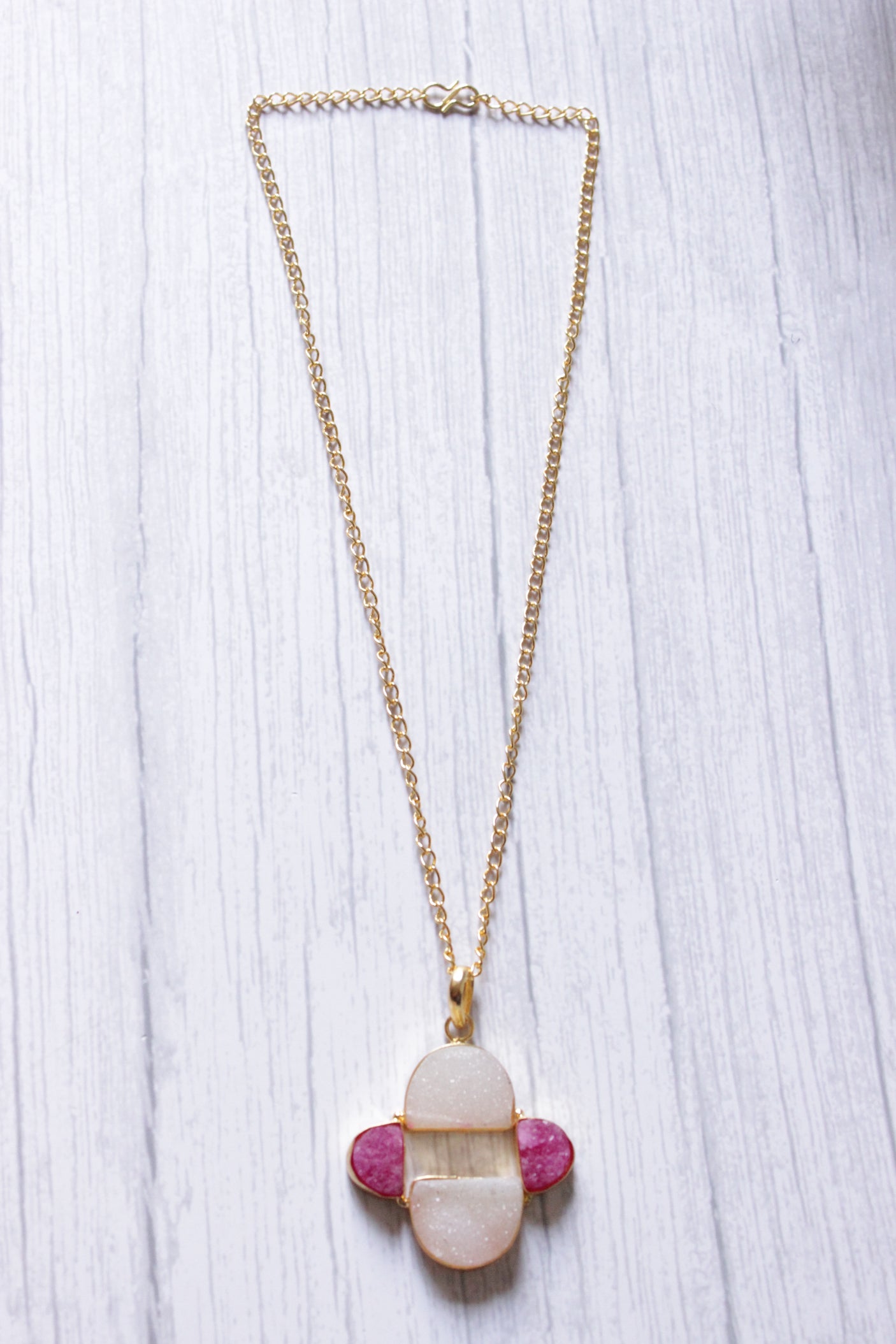 White Pink Sugar Druzy Gemstone Gold Plated Necklace