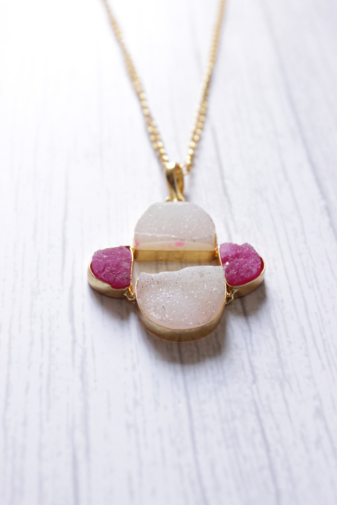White Pink Sugar Druzy Gemstone Gold Plated Necklace
