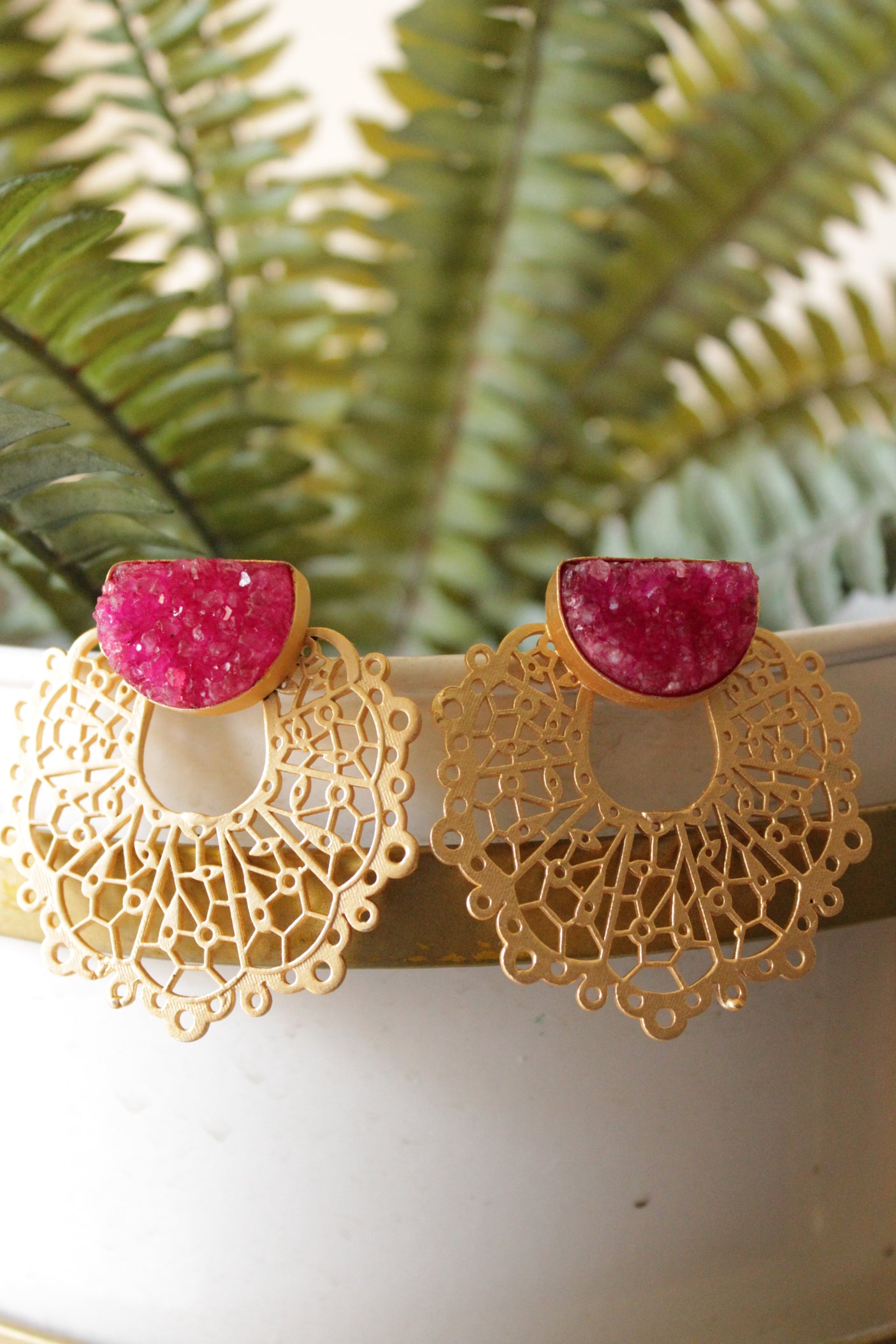 Ruby Sugar Druzy Natural Gemstone Embedded Gold Finish Stud Earrings