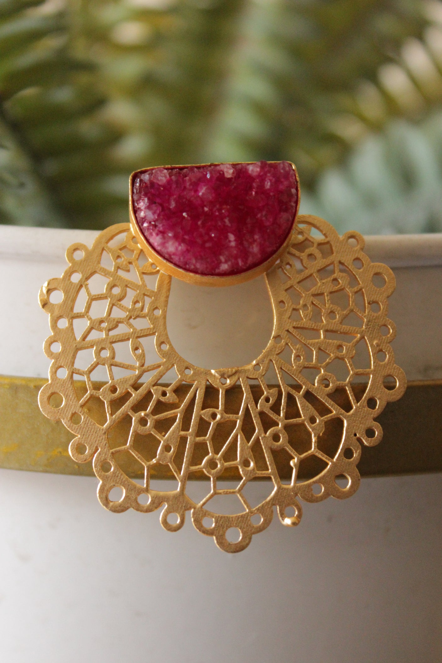 Ruby Sugar Druzy Natural Gemstone Embedded Gold Finish Stud Earrings