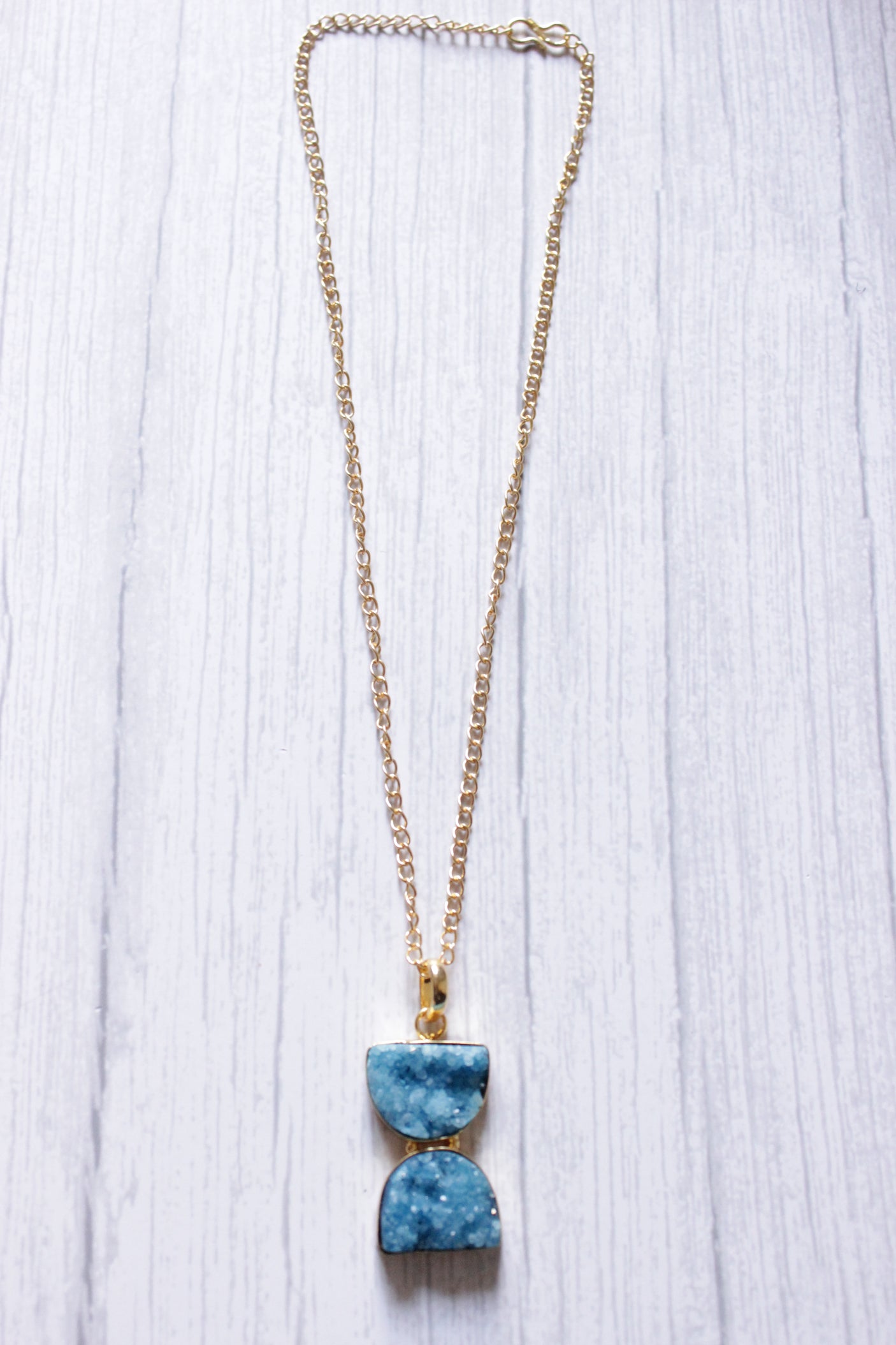 Sand Clock Inspired Sky Blue Sugar Druzy Gemstone Gold Plated Necklace