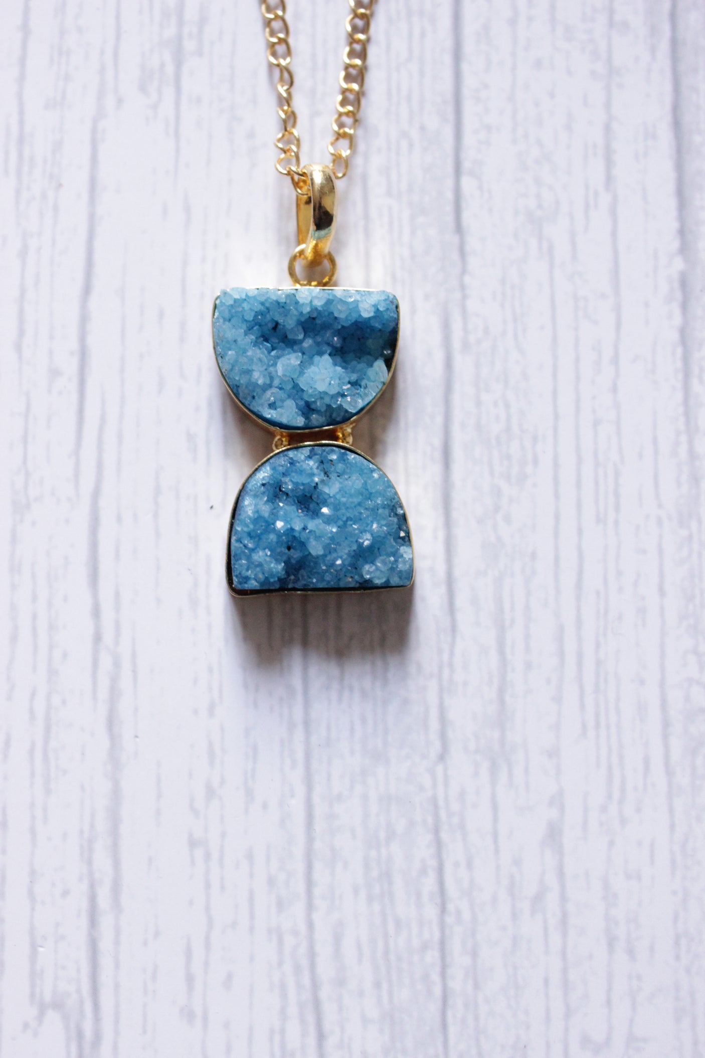 Sand Clock Inspired Sky Blue Sugar Druzy Gemstone Gold Plated Necklace