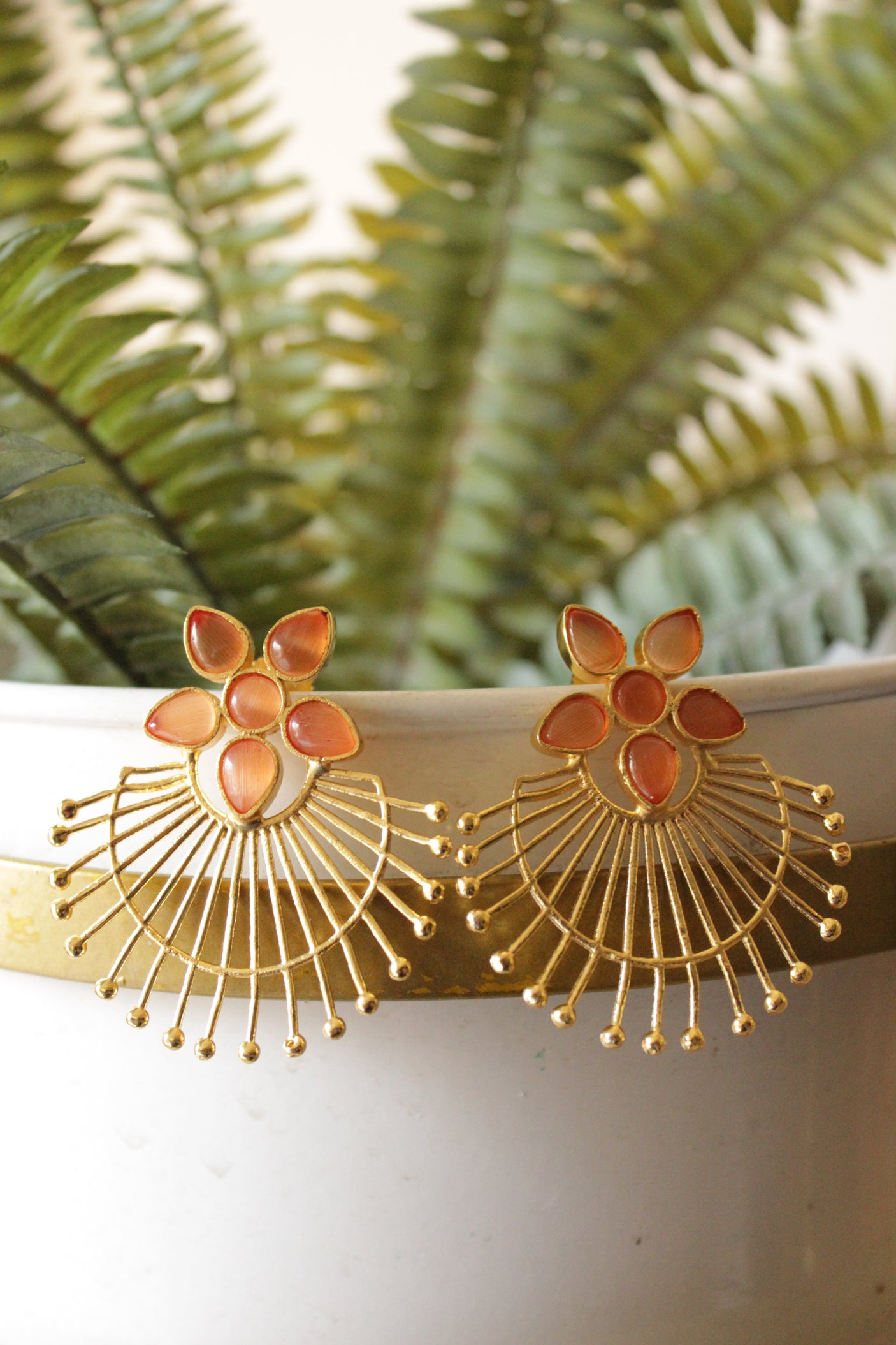 Natural Gemstones Embedded Flower Motif Gold Finish Spike Earrings