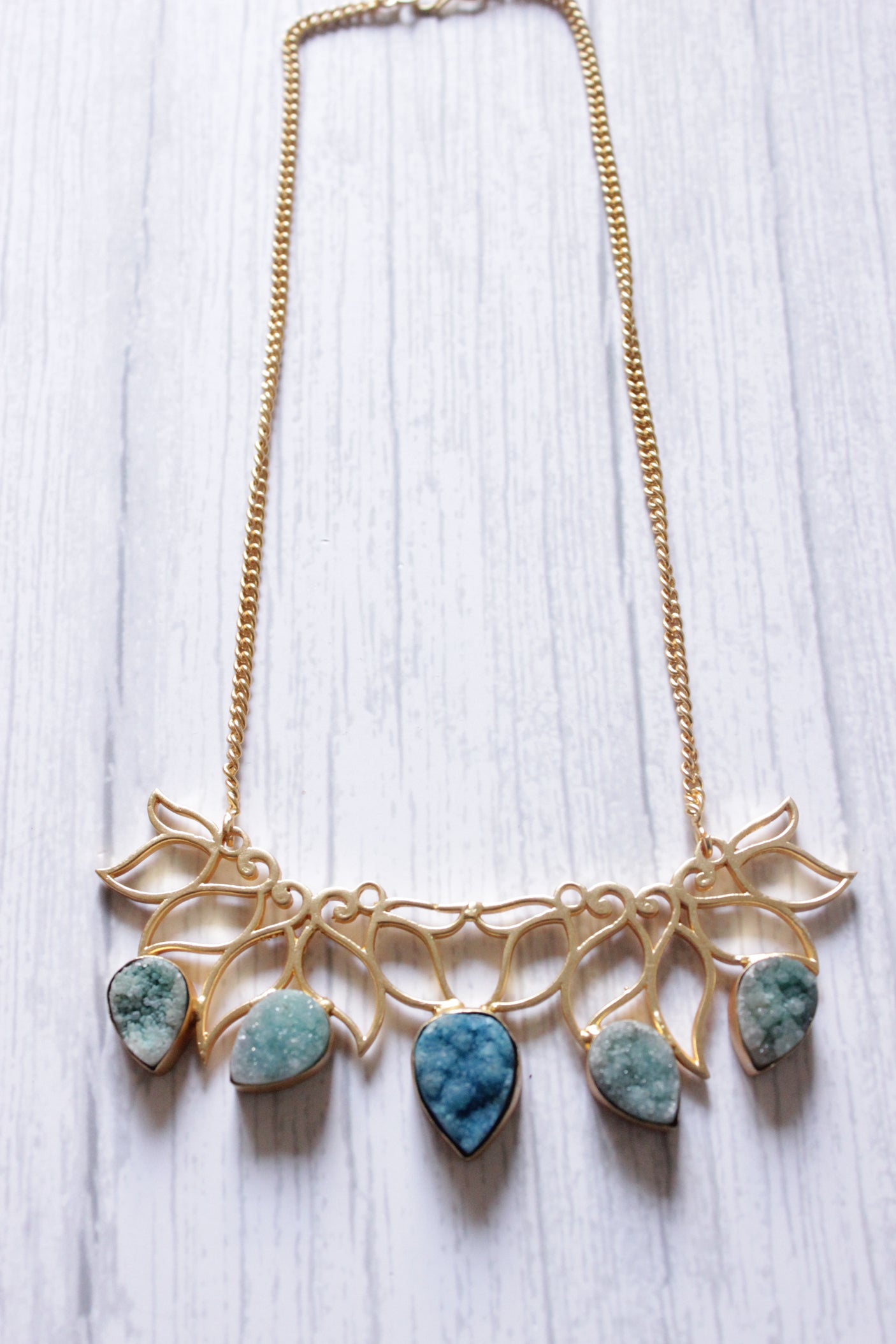 Green Druzy Natural Gemstone Gold Plated Necklace