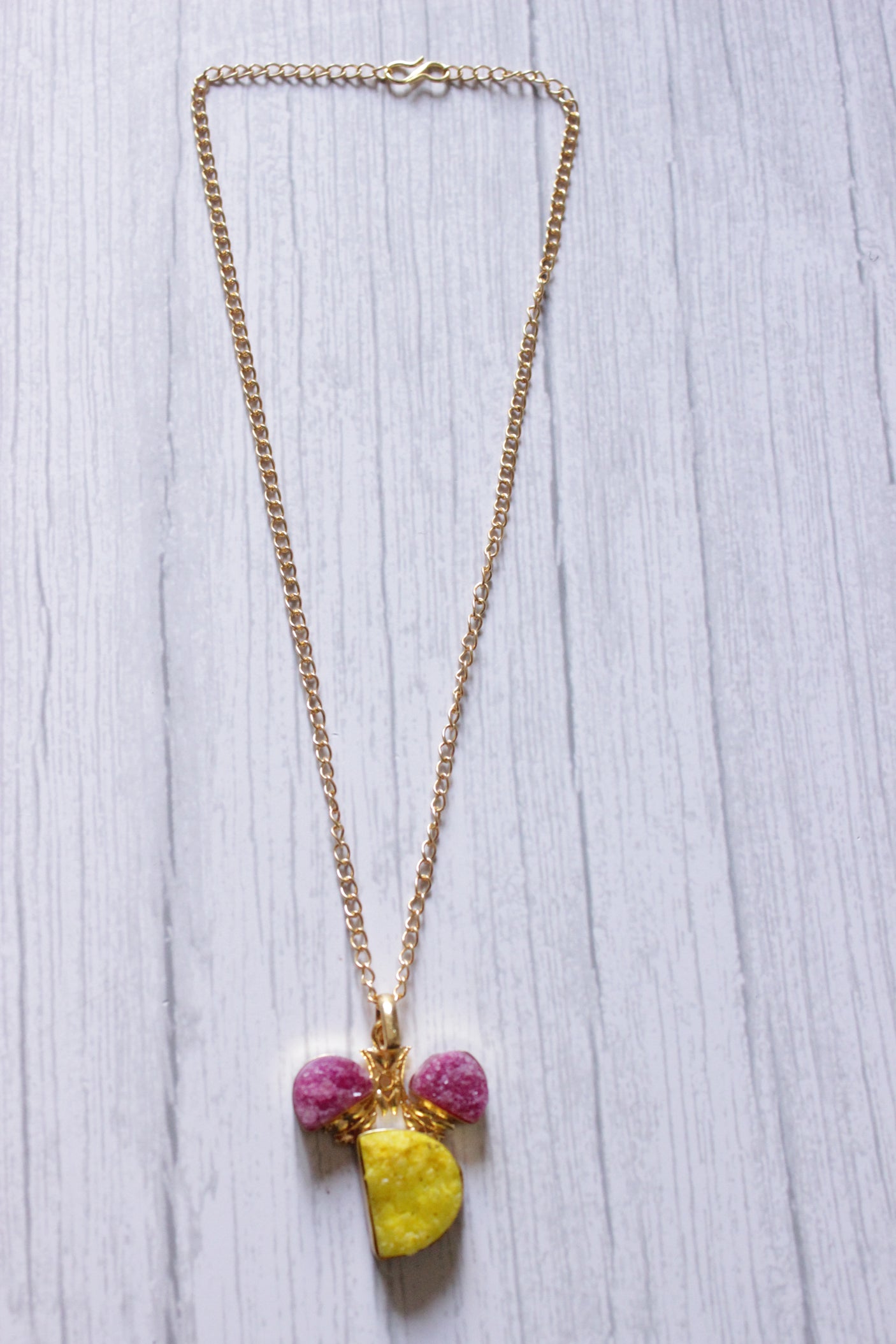 Bright Yellow and Pink Sugar Druzy Gemstone Embedded Gold Plated Handmade Necklace