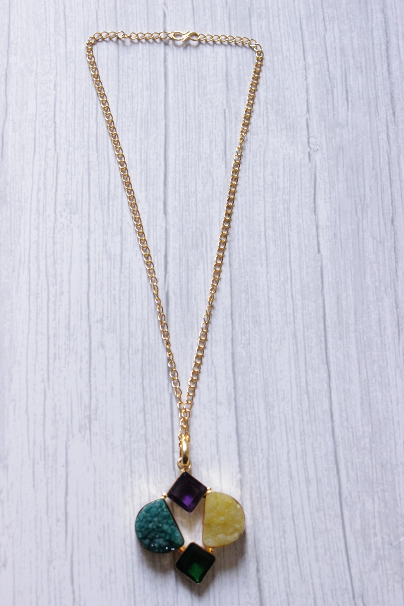 Dull Yellow and Blue Sugar Druzy Gemstone Embedded Gold Plated Handmade Necklace