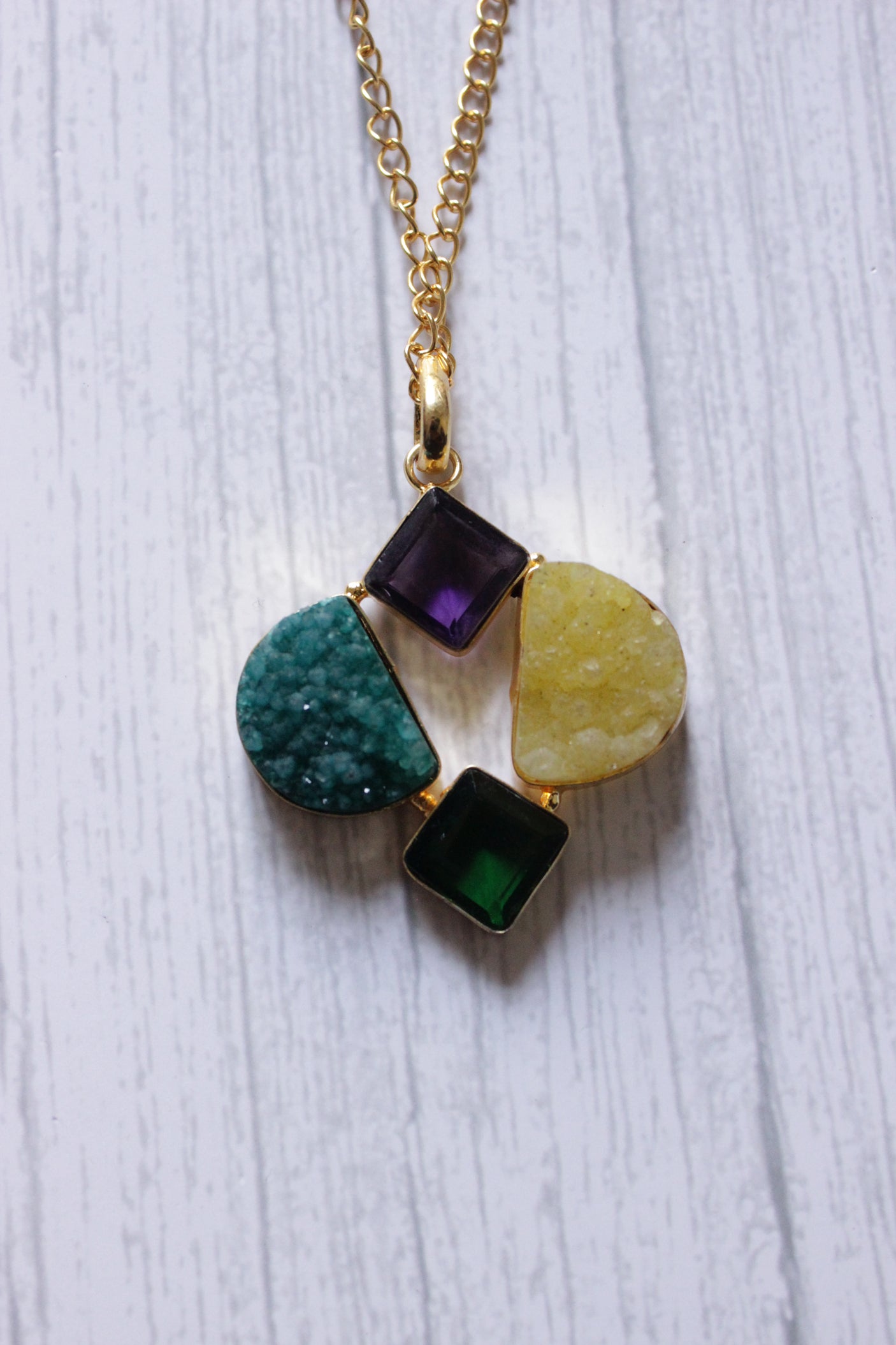 Dull Yellow and Blue Sugar Druzy Gemstone Embedded Gold Plated Handmade Necklace