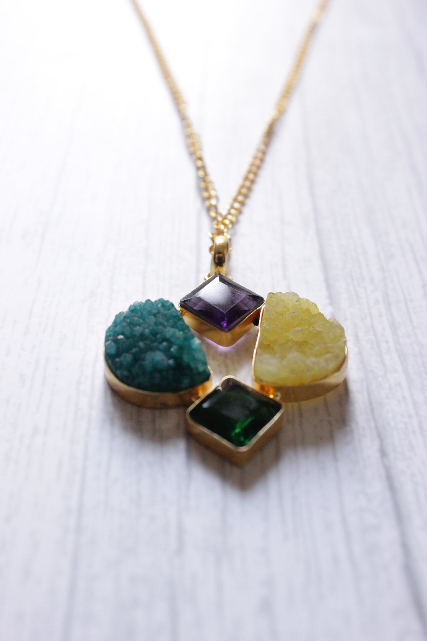 Dull Yellow and Blue Sugar Druzy Gemstone Embedded Gold Plated Handmade Necklace