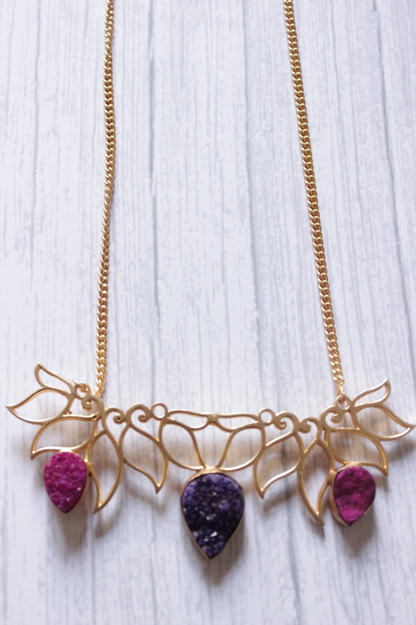 Purple Pink Sugar Druzy Natural Gemstone Gold Plated Necklace