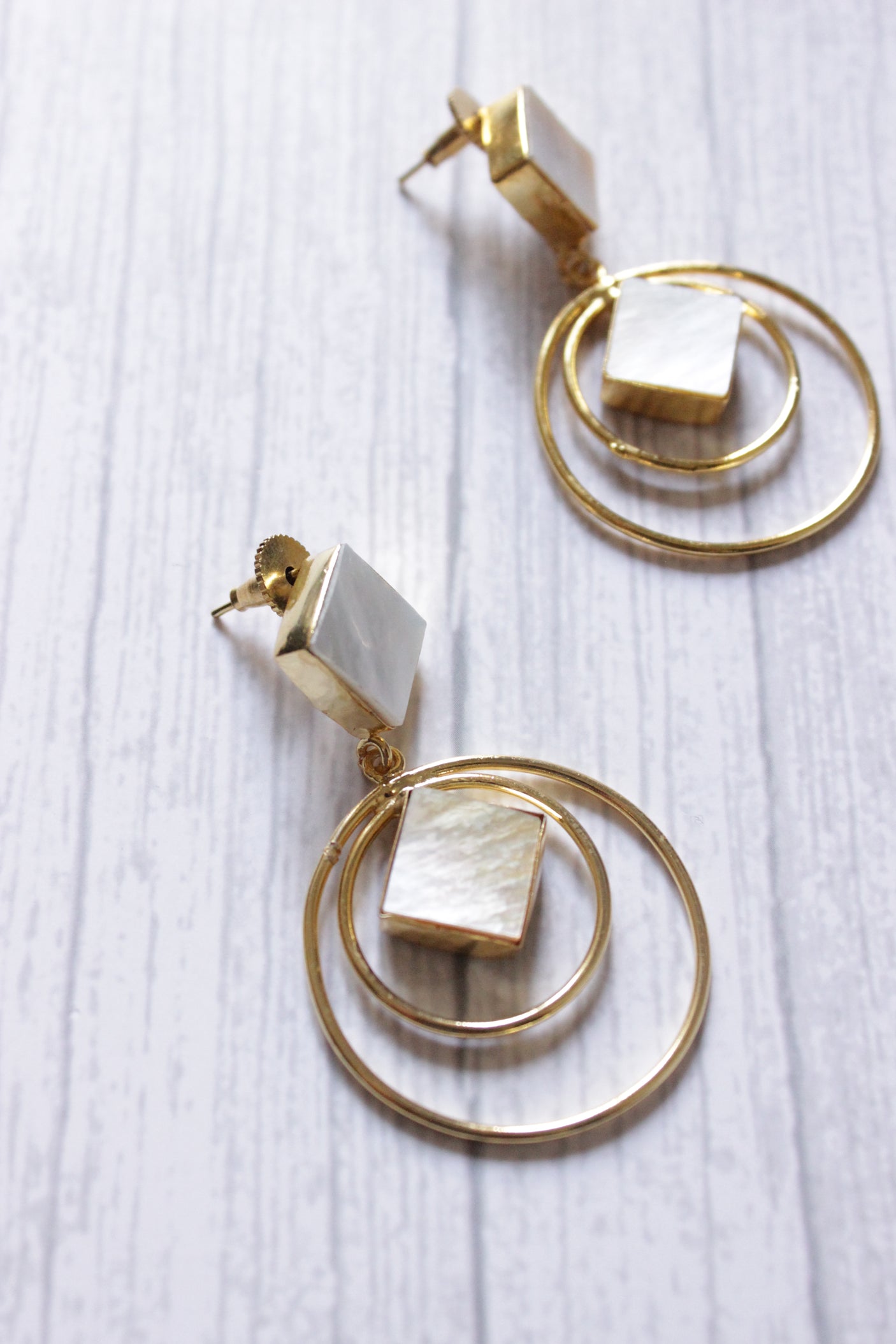 Concentric Circles Designer Mother of Pearl Gemstone Gold Plated Dangler Earrings