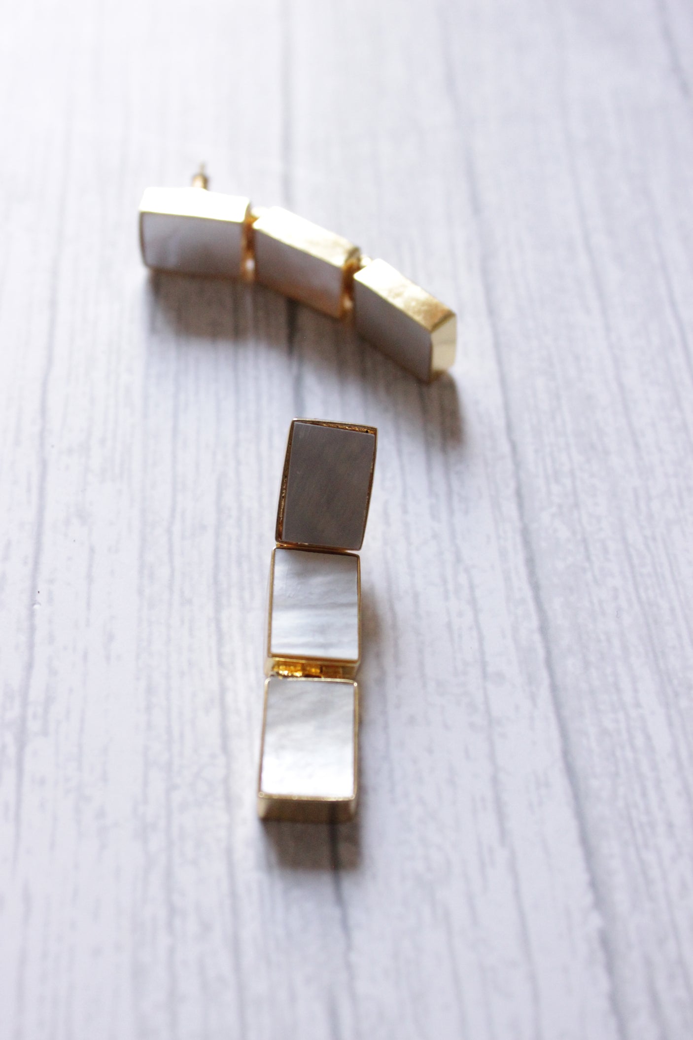 Rectangular Mother Of Pearl Gemstone Gold Plated Tennis Earrings