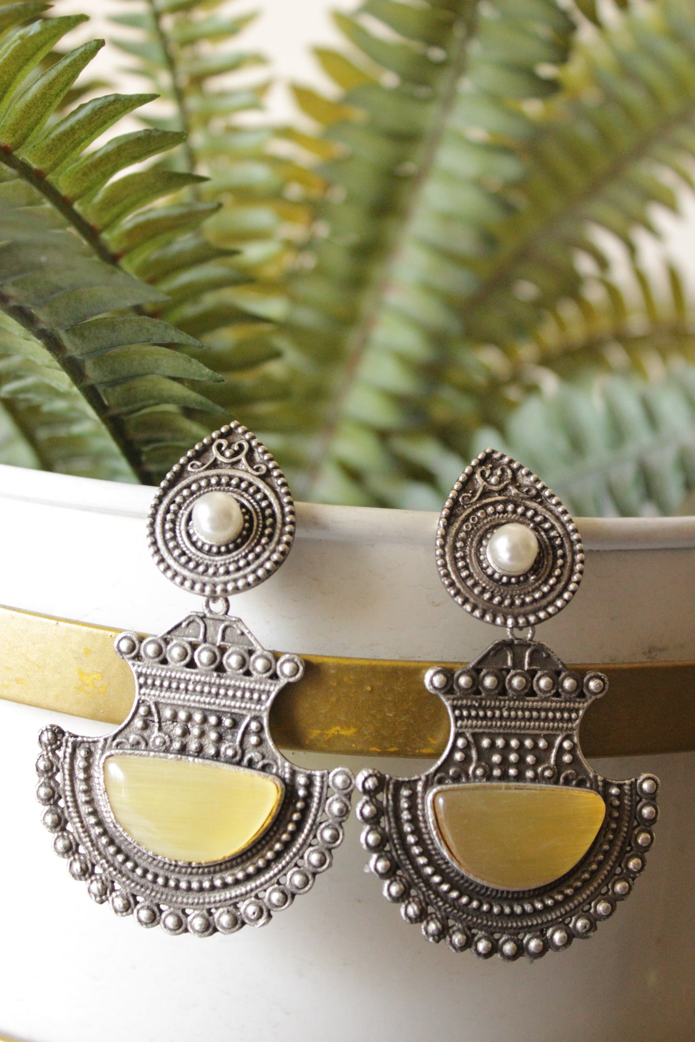 Lemon Yellow Glass Stone Embedded Premium Oxidised Finish Warrior Dangler Earrings