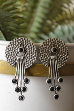 Load image into Gallery viewer, Black Glass Stones Embedded Premium Oxidised Finish Honeycomb Dangler Earrings
