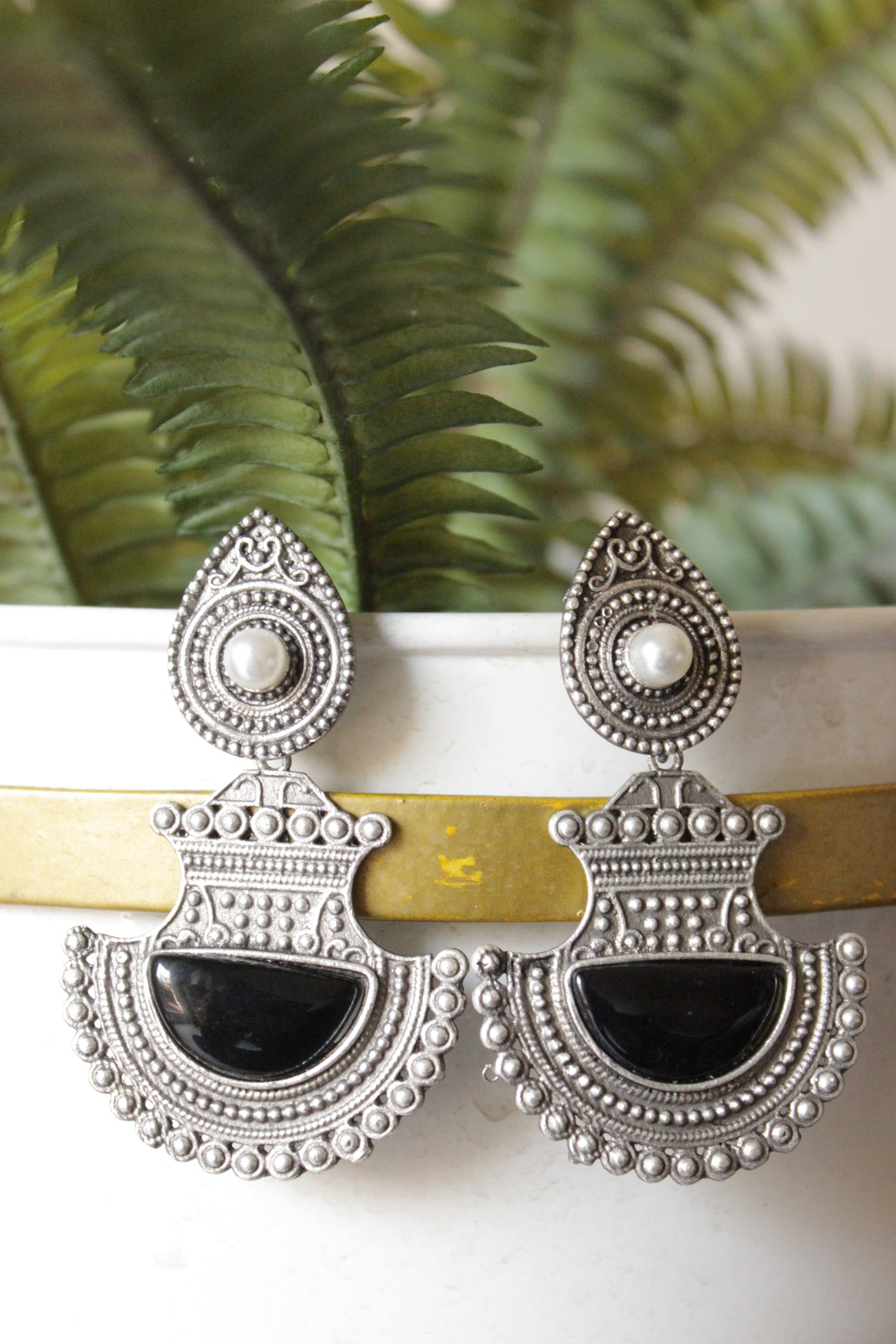 Black Glass Stone Embedded Premium Oxidised Finish Warrior Dangler Earrings